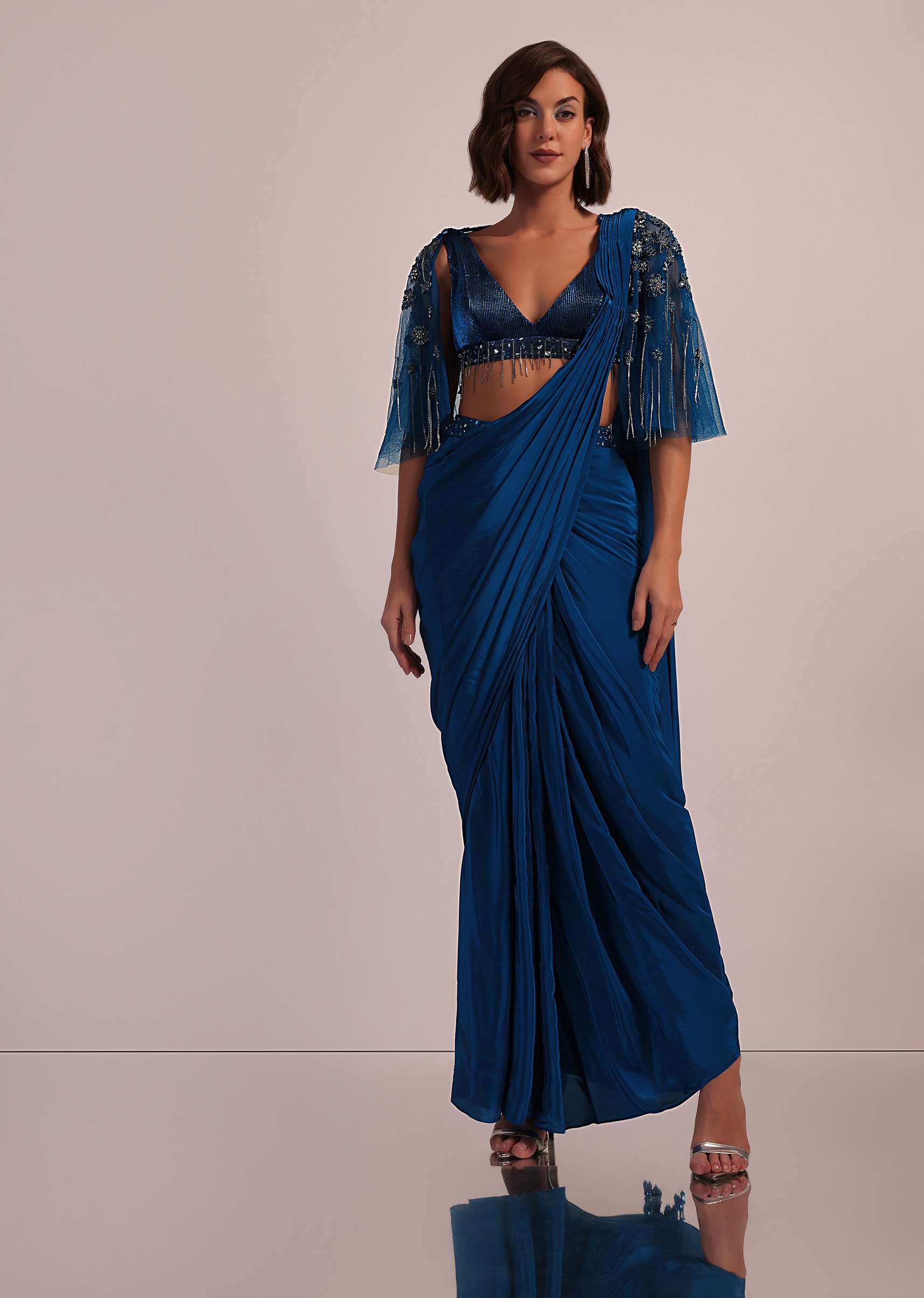 Blue Hand Embroidered Ready Pleated Saree And Blouse In Crepe - Image 7