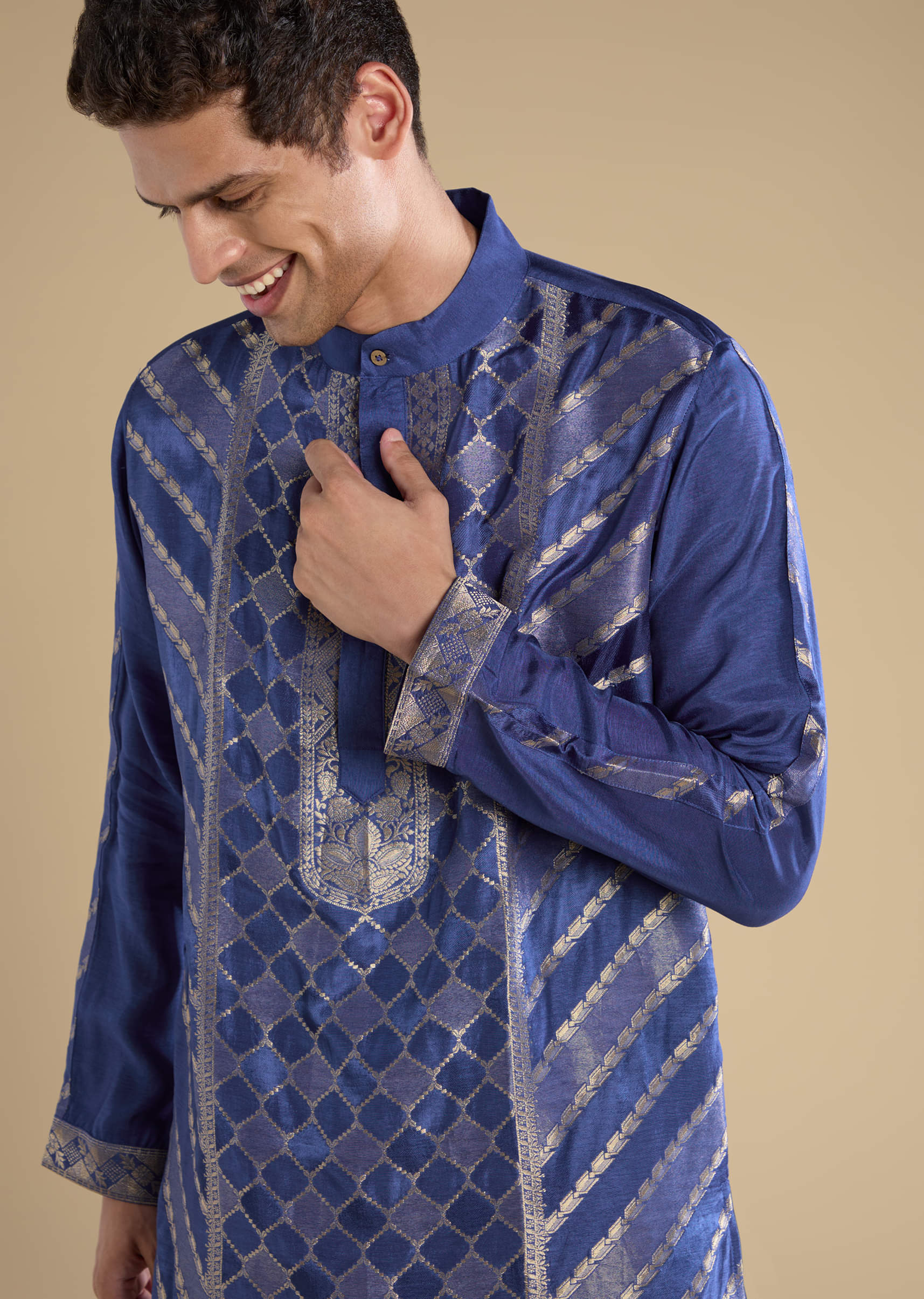 Blue Handwoven Jacquard Silk Mens Kurta and Pant Set - Image 2