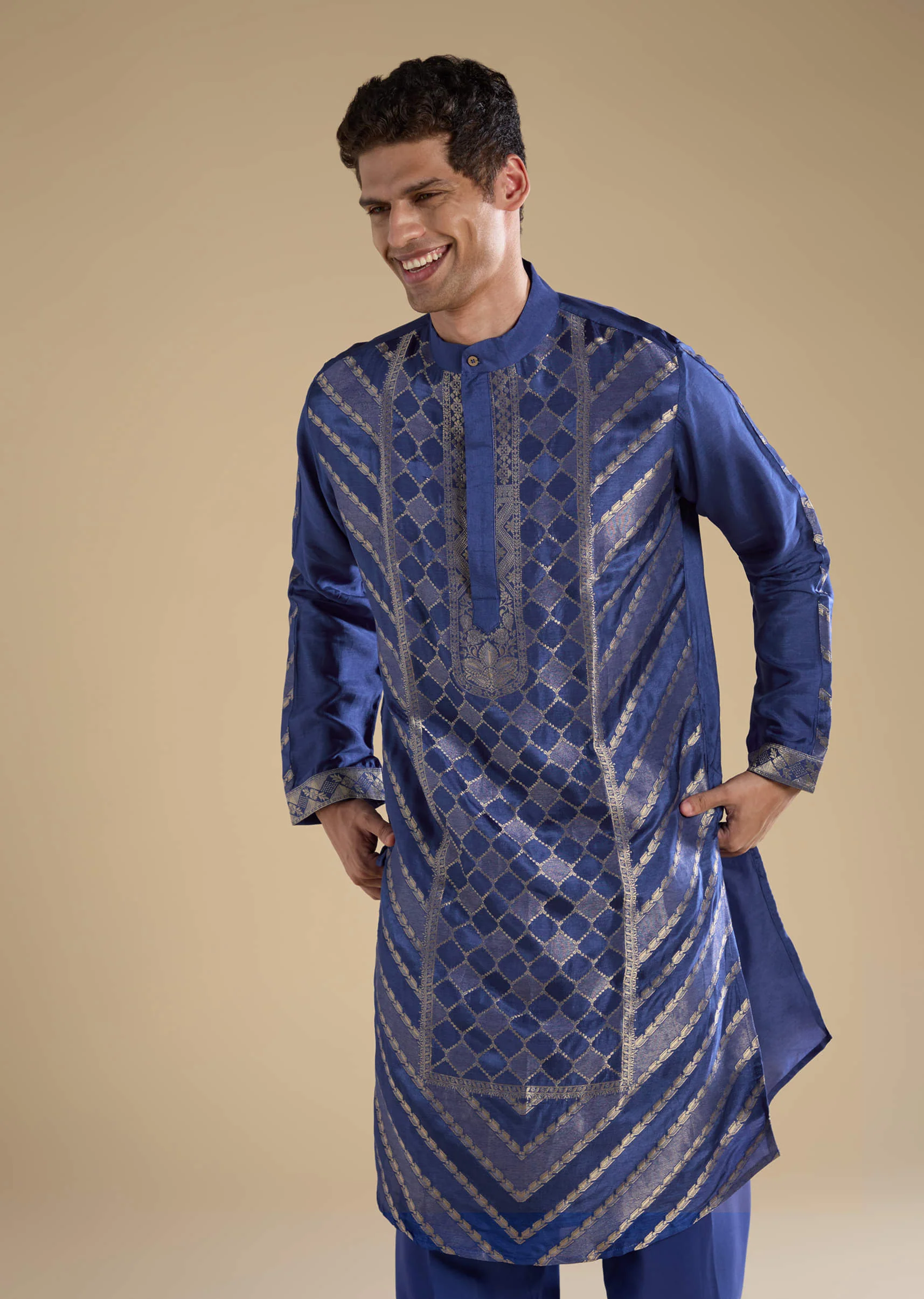 Blue Handwoven Jacquard Silk Mens Kurta and Pant Set - Image 4