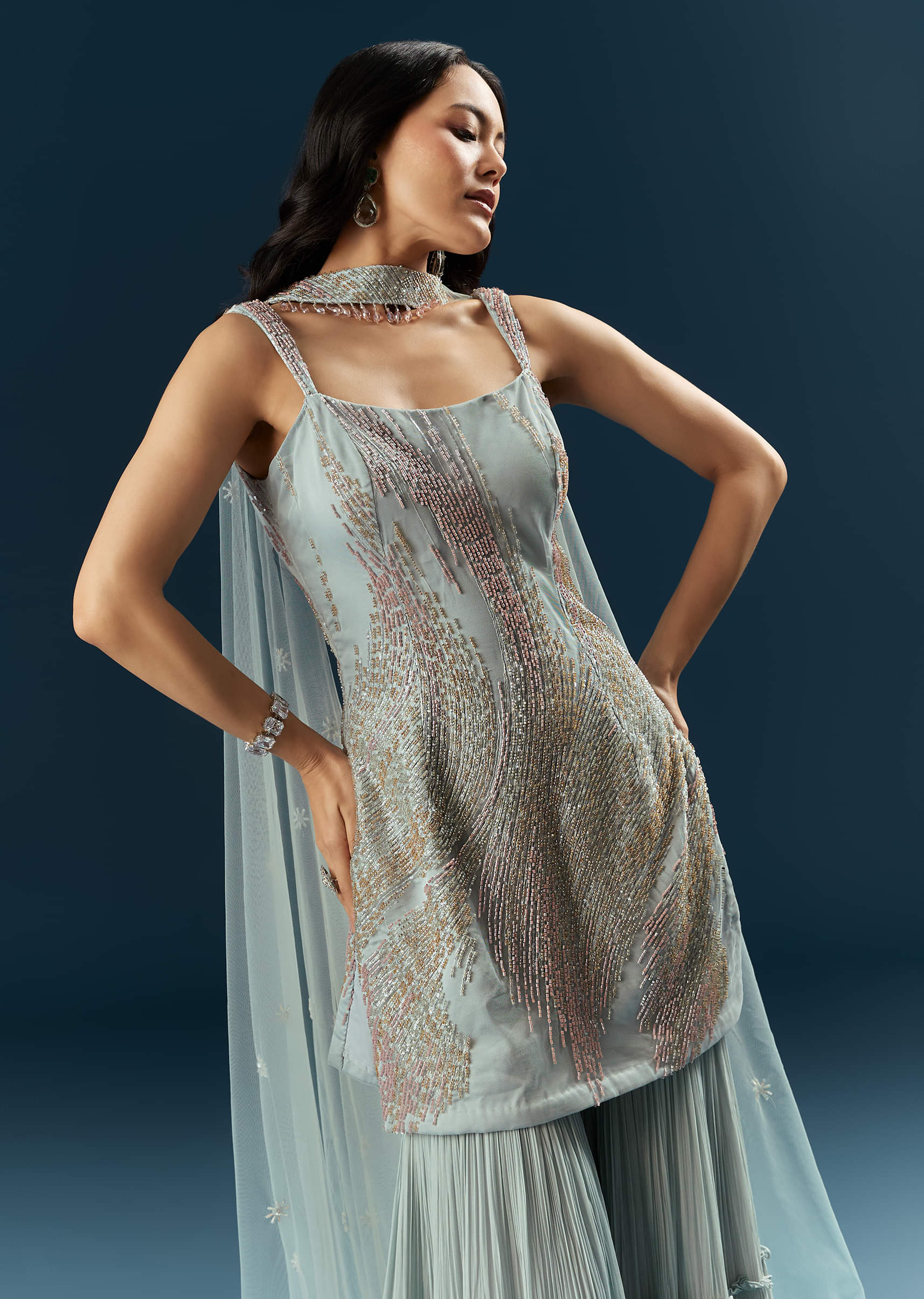 Blue Imported Net Sharara Suit With Cutdana Embroidery - Image 5