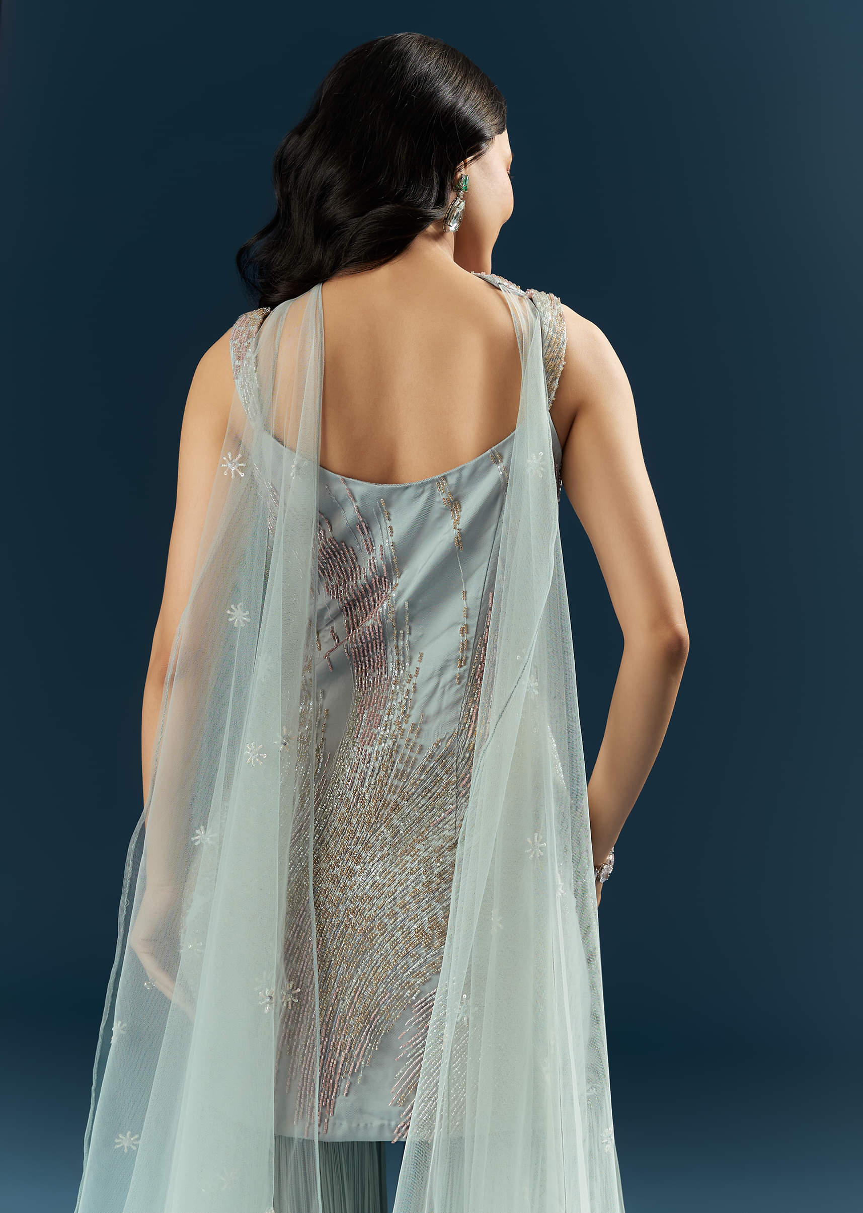 Blue Imported Net Sharara Suit With Cutdana Embroidery - Image 6