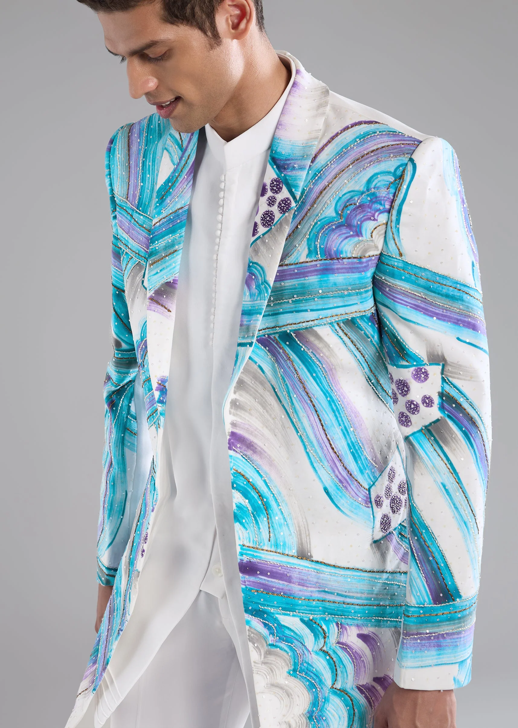 Blue Indowestern Kurta Set with Thread Work - Image 2