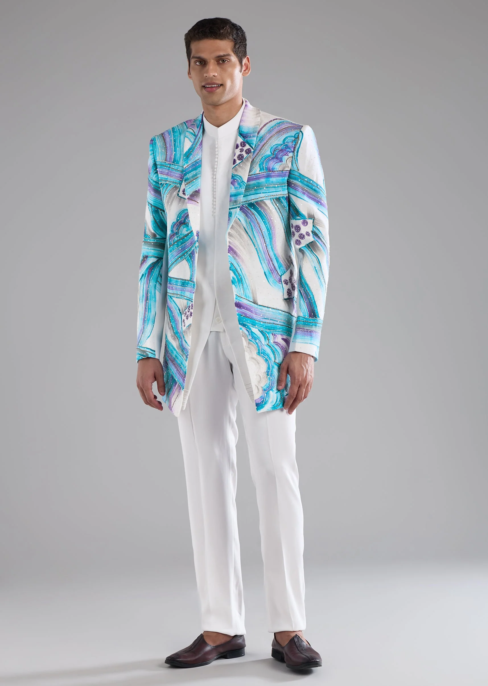 Blue Indowestern Kurta Set with Thread Work - Image 3
