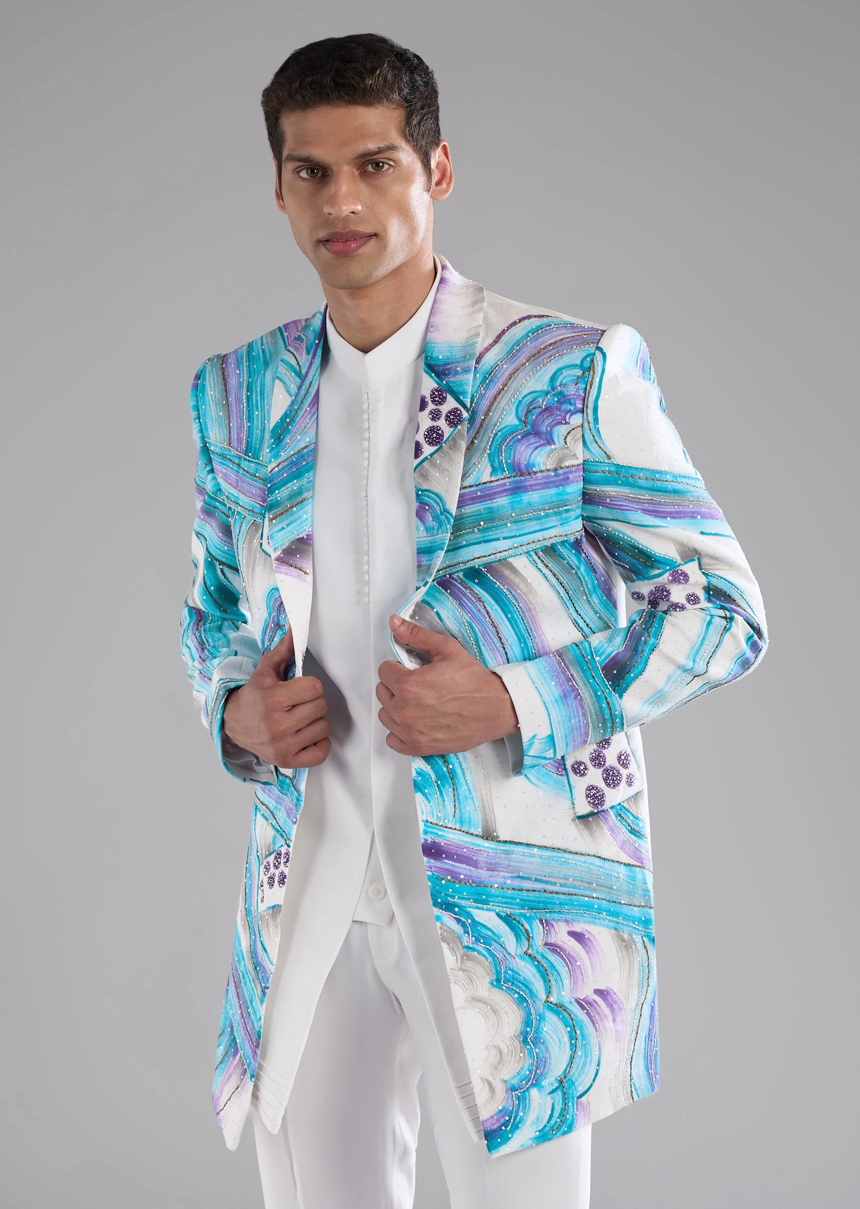 Blue Indowestern Kurta Set with Thread Work - Image 4
