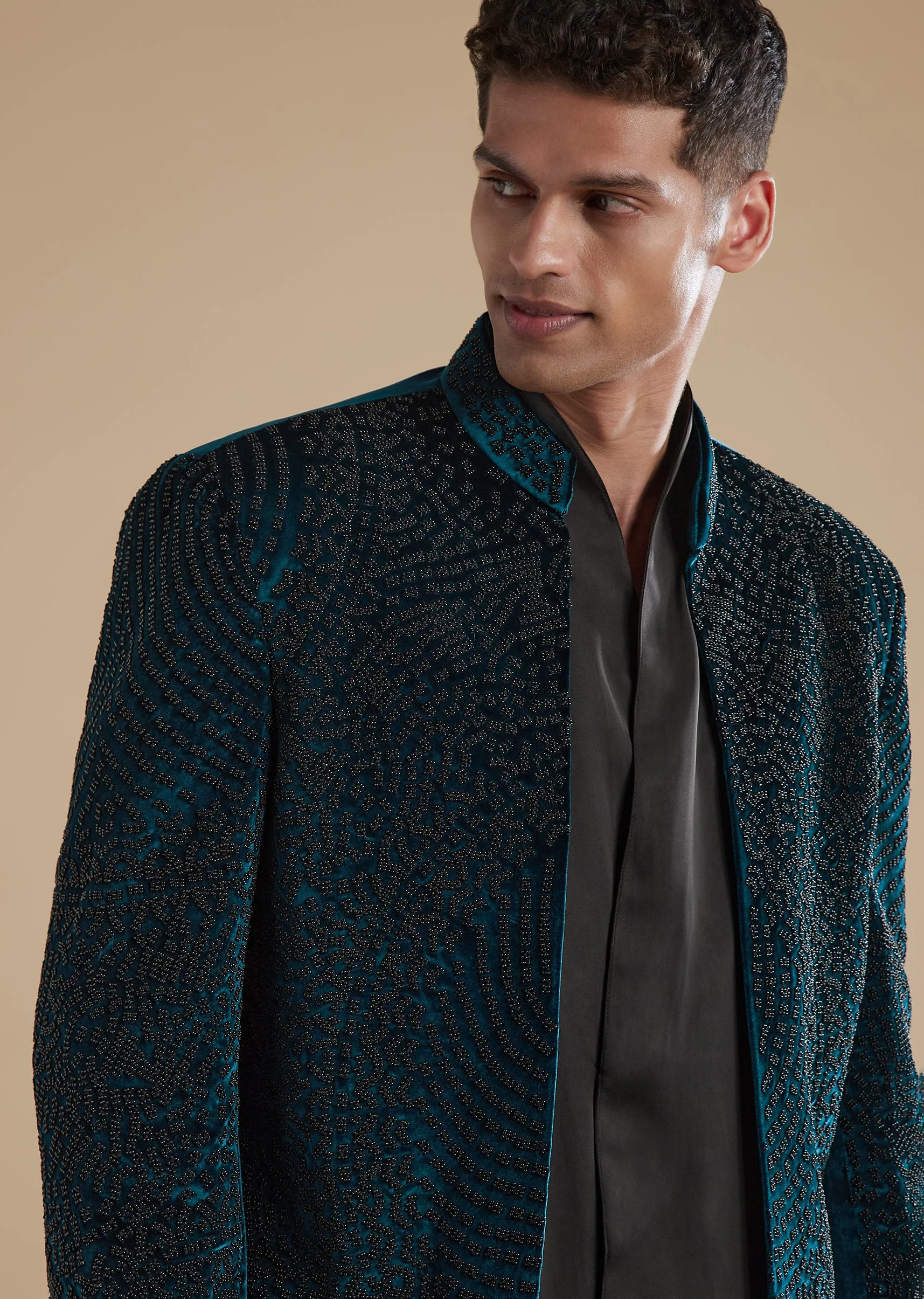 Blue Indowestern Set With Cut Dana And Metal Detail Work - Image 2