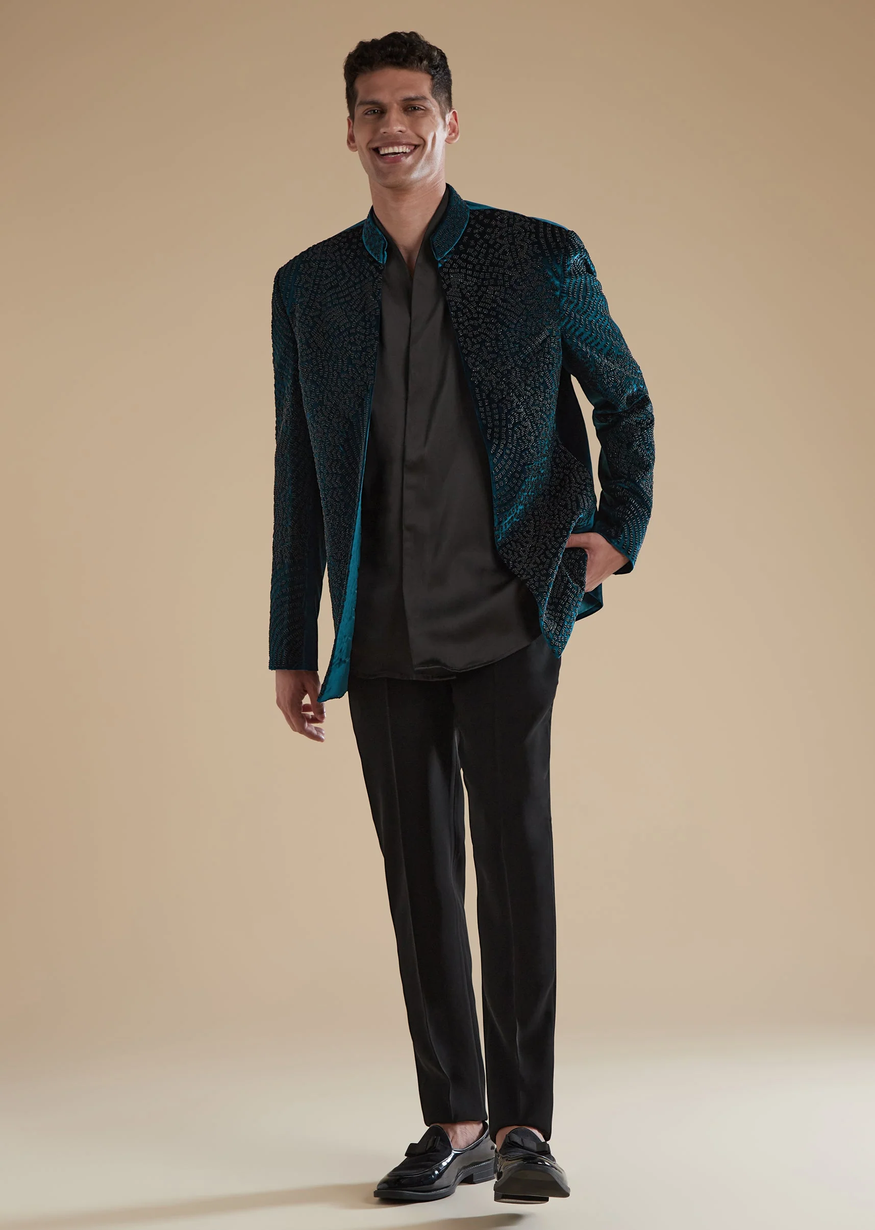 Blue Indowestern Set With Cut Dana And Metal Detail Work - Image 3