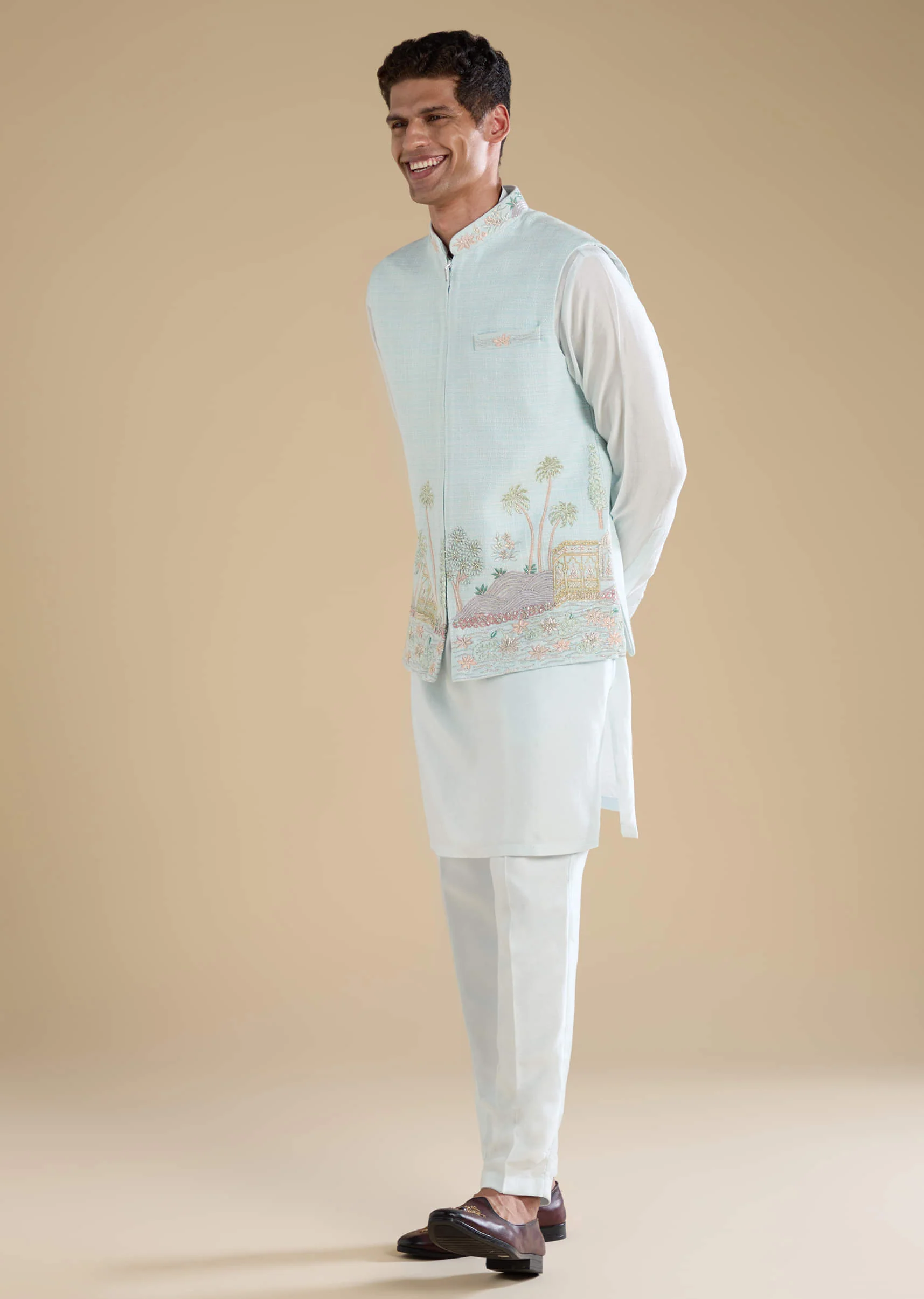 Blue Jacket Kurta Set with Resham Work - Image 3