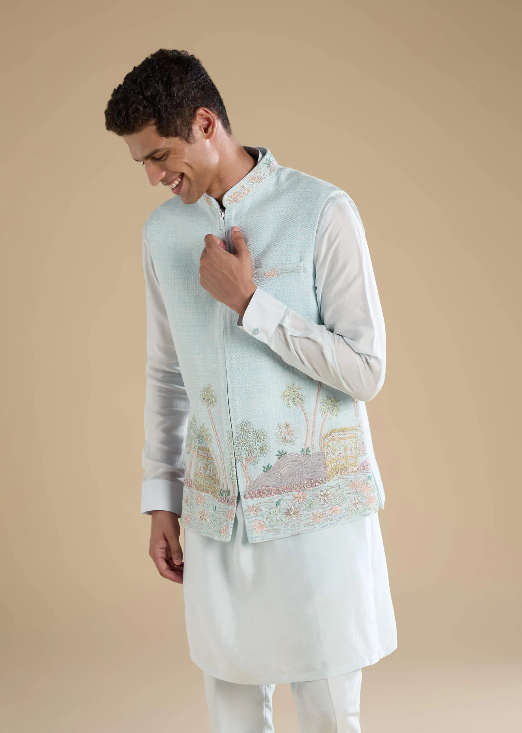 Blue Jacket Kurta Set with Resham Work - Image 4