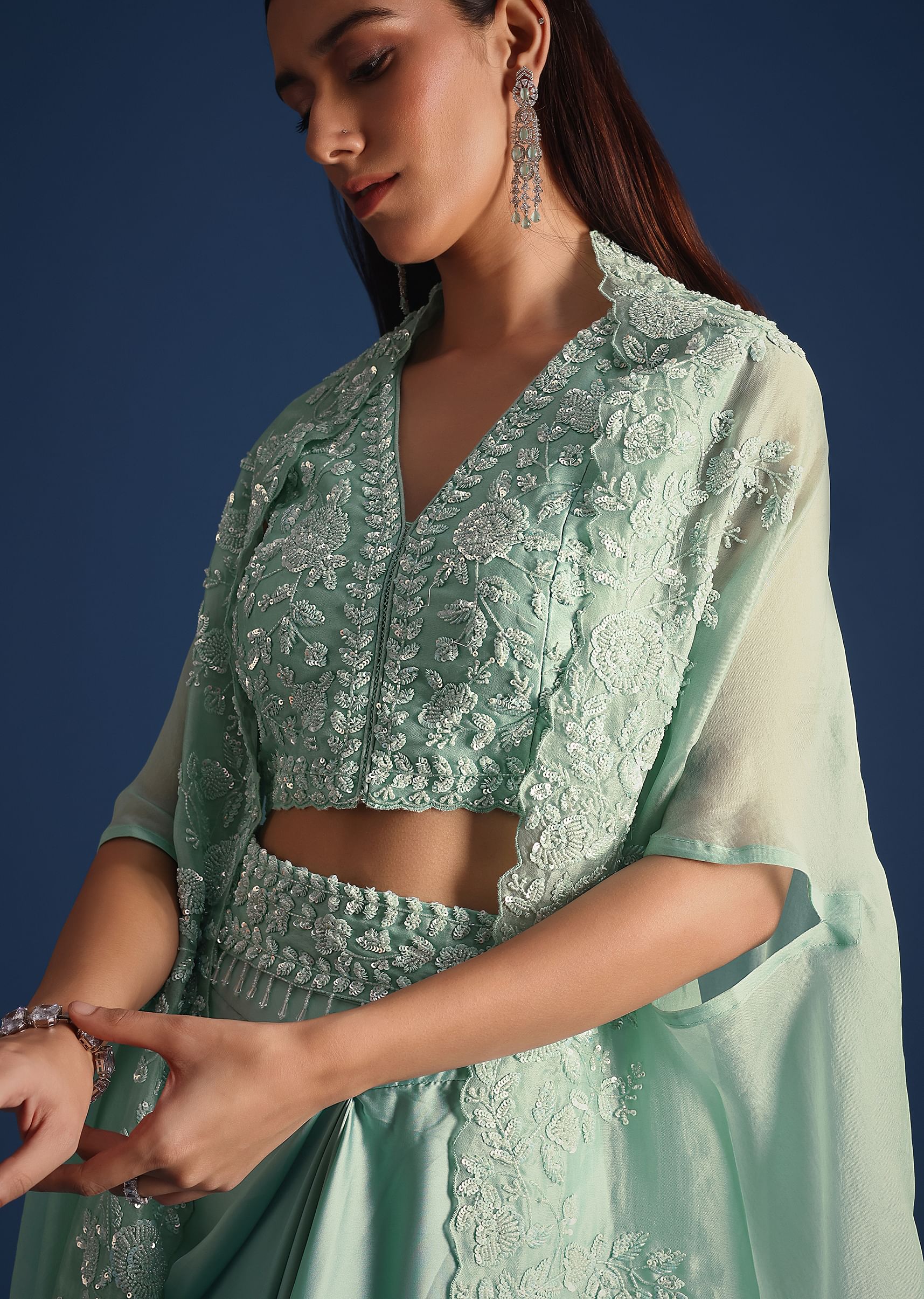 Blue Jacket With Draped Satin Skirt And Crop Top - Image 2