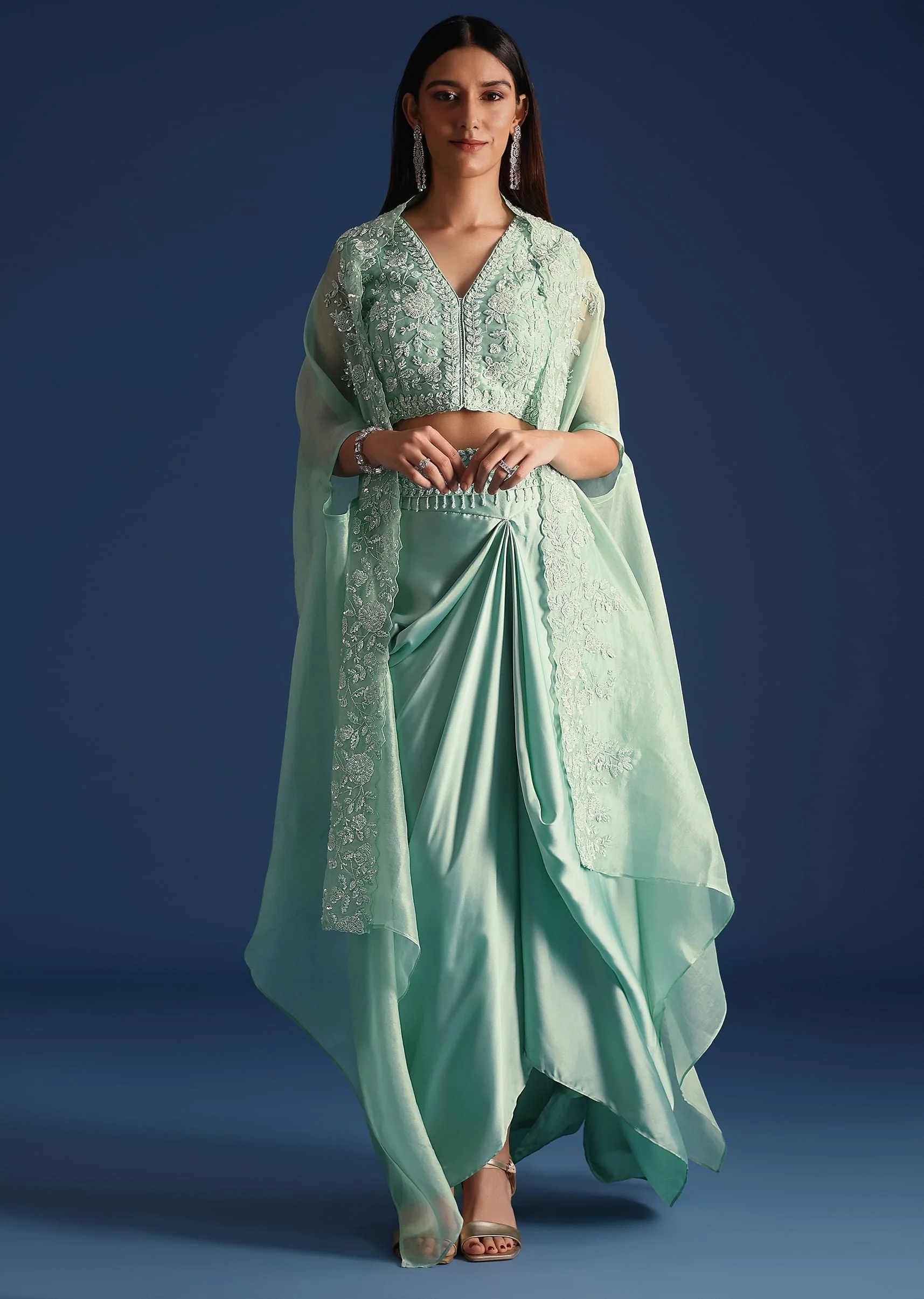 Blue Jacket With Draped Satin Skirt And Crop Top - Image 3