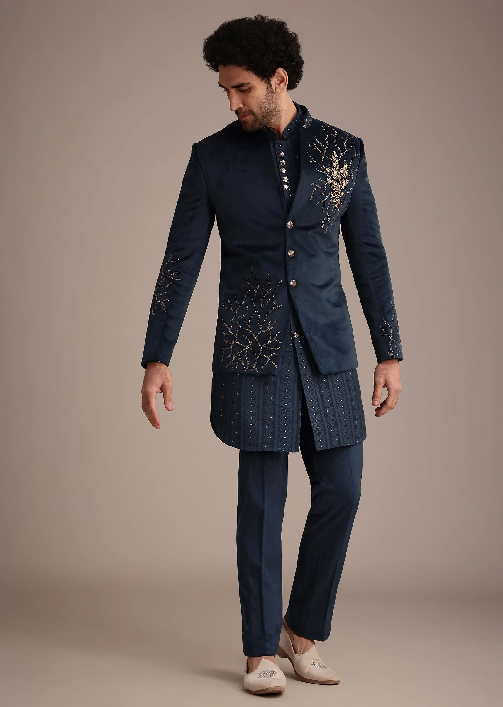 Blue Jacquard Kurta Jacket Set With Broach - Image 3