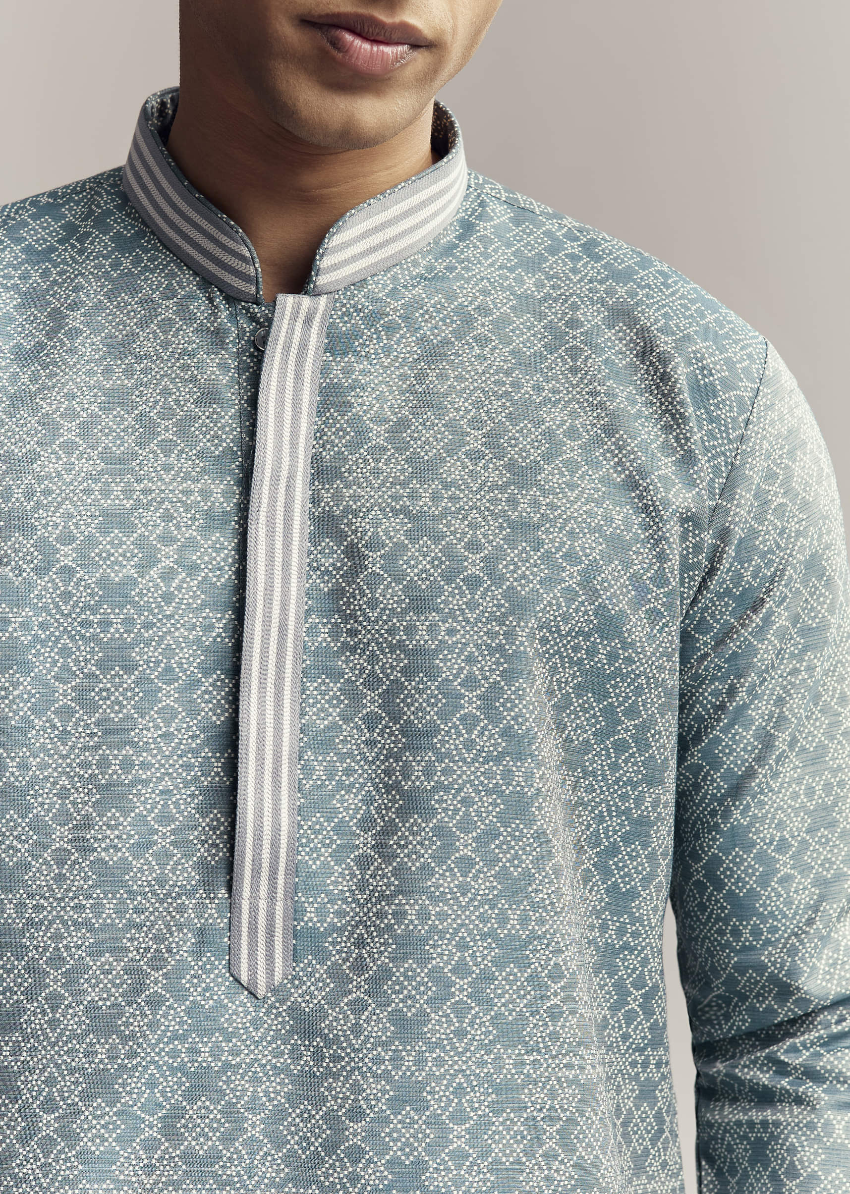 Blue Jacquard Kurta Set For Men - Image 2
