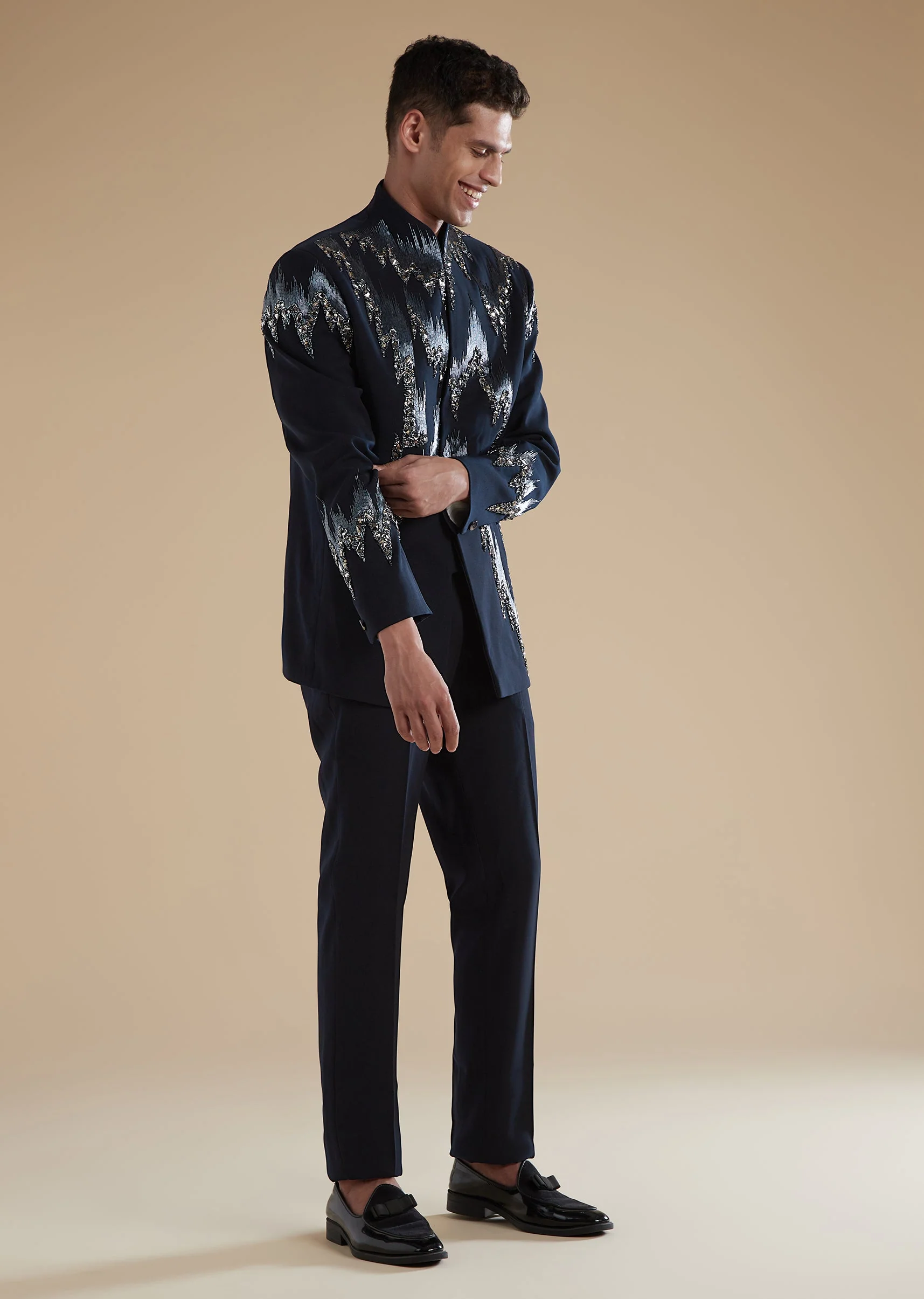 Blue Jodhpuri Set With Cut Dana Metal Detail Work