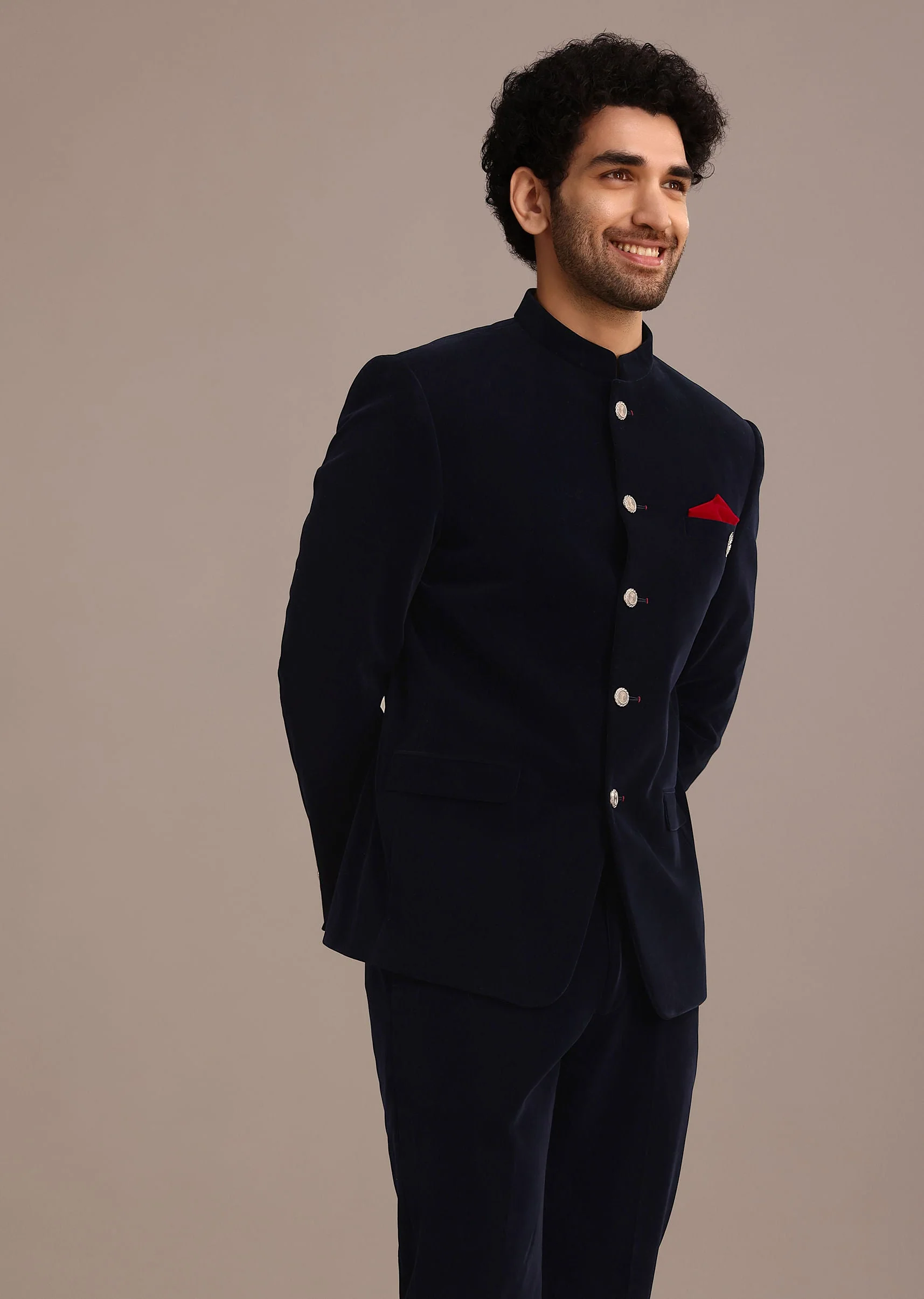 Blue Jodhpuri Suit In Velvet With Pocket Square - Image 4
