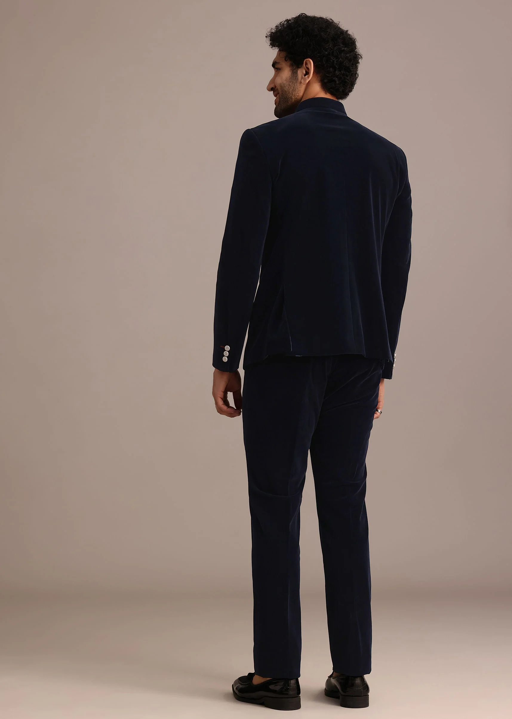 Blue Jodhpuri Suit In Velvet With Pocket Square - Image 5