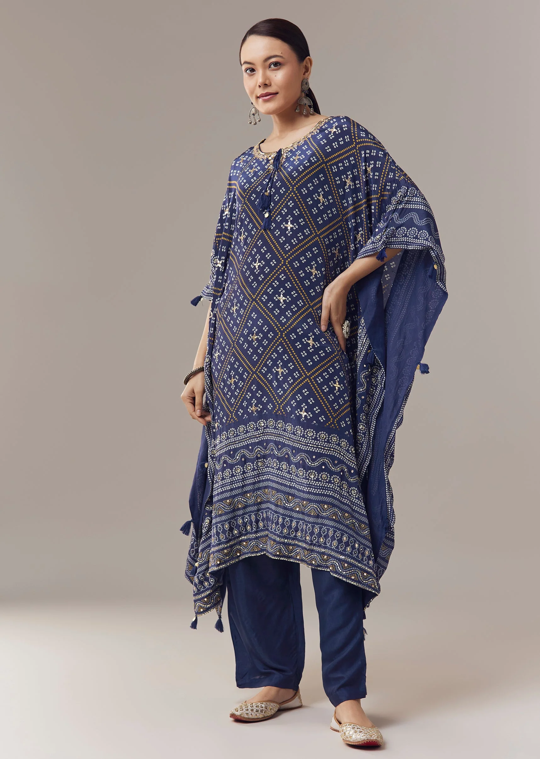 Blue Kaftan Kurti In Bandhani Print With Gotta Work - Image 3