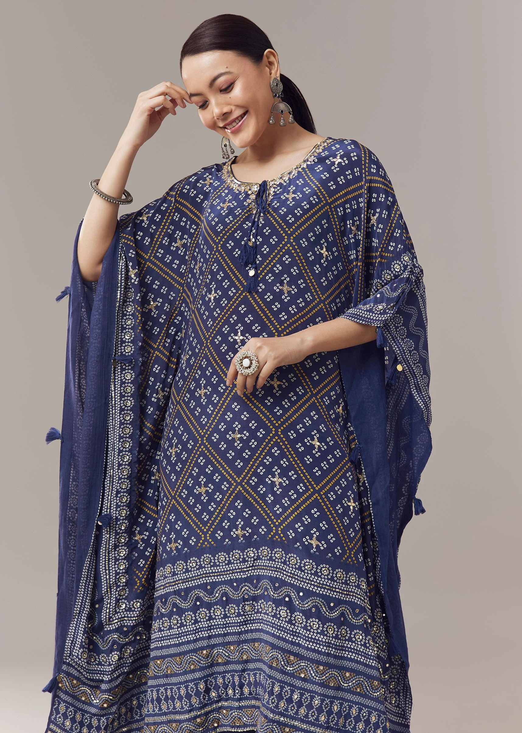 Blue Kaftan Kurti In Bandhani Print With Gotta Work - Image 4