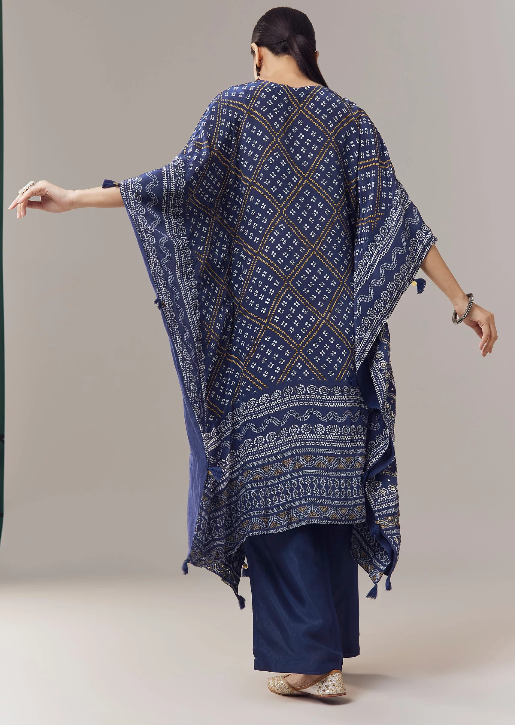 Blue Kaftan Kurti In Bandhani Print With Gotta Work - Image 5