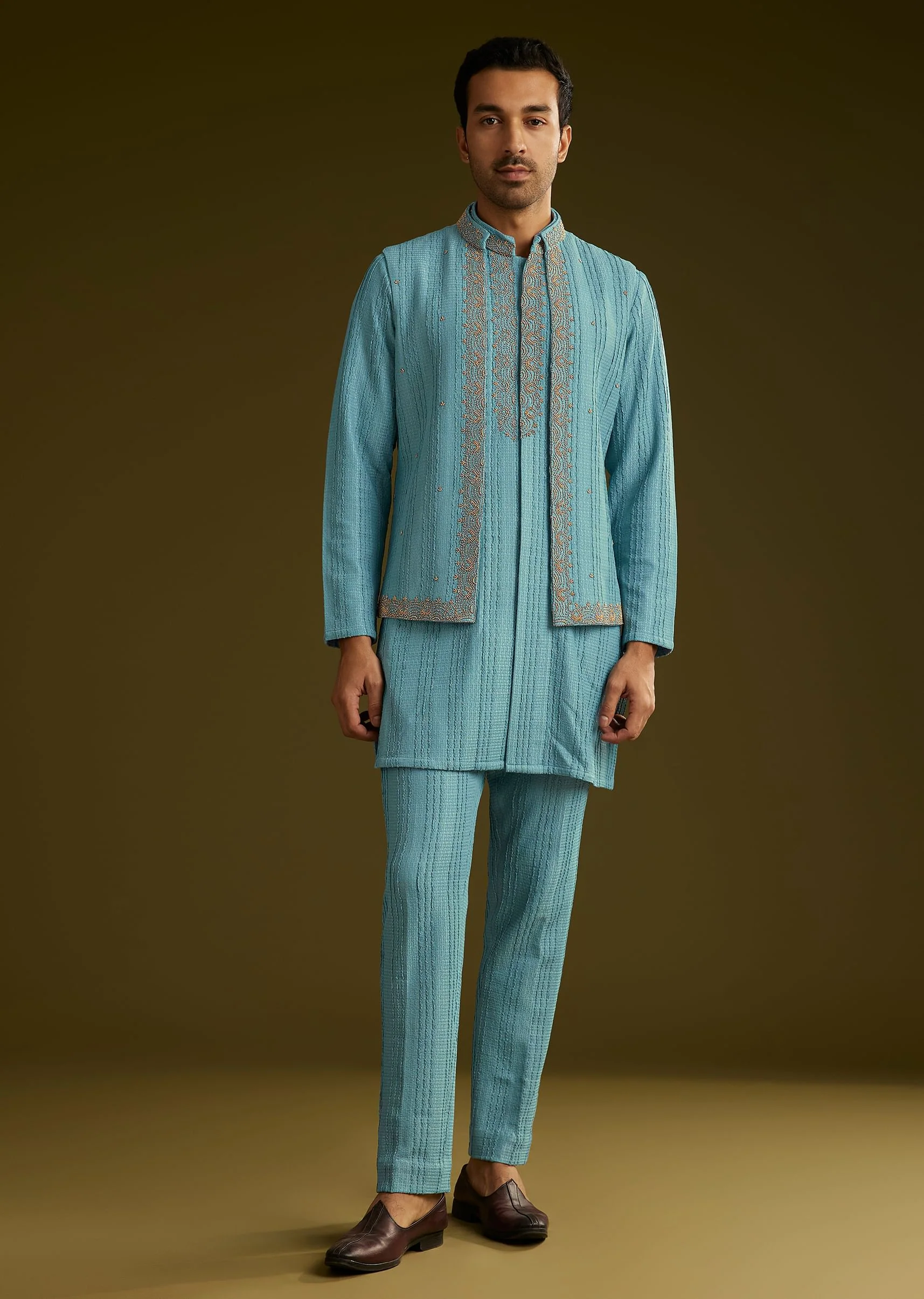 Blue Knit Kurta Jacket Set With Moti Work - Image 2