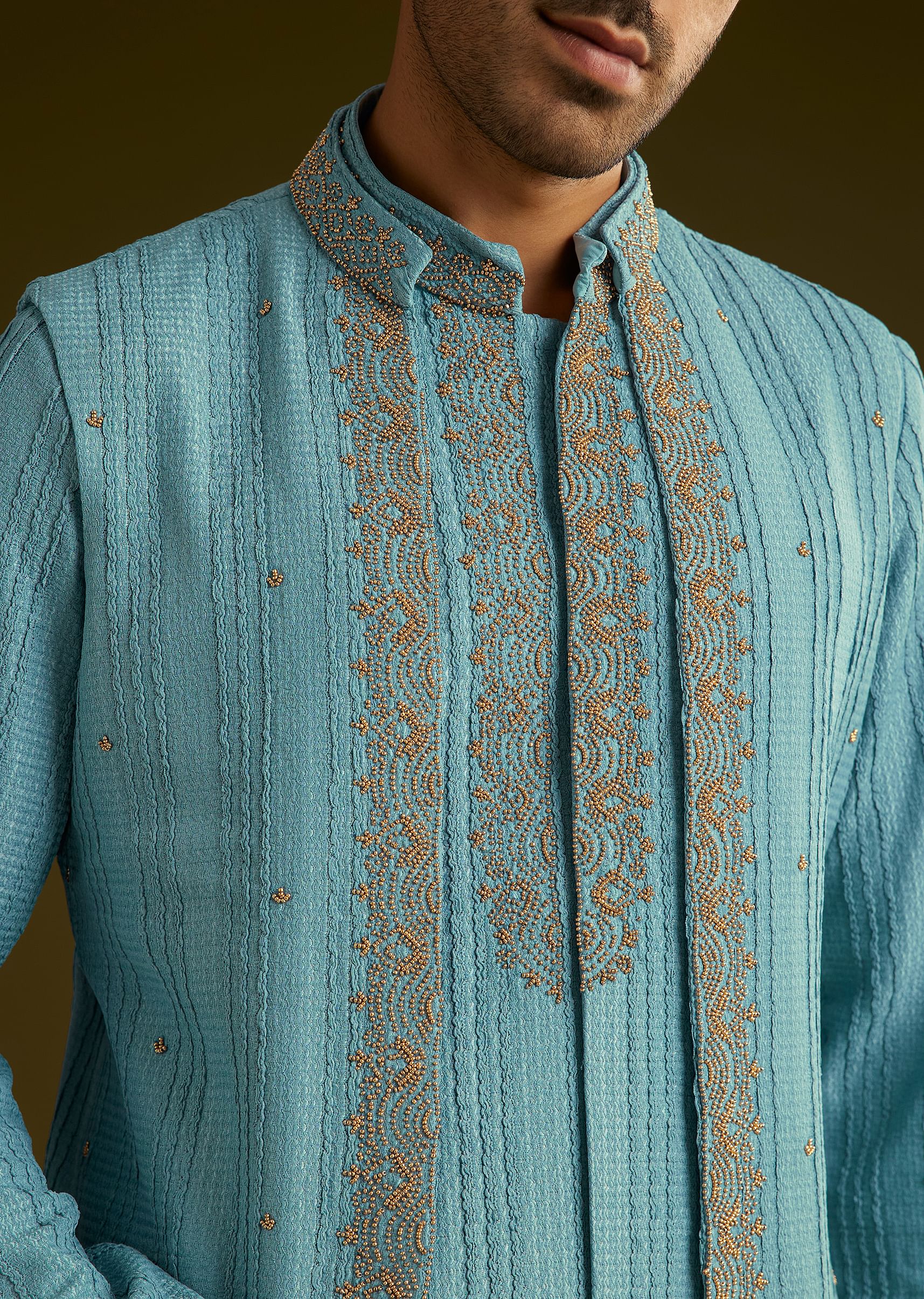 Blue Knit Kurta Jacket Set With Moti Work - Image 3
