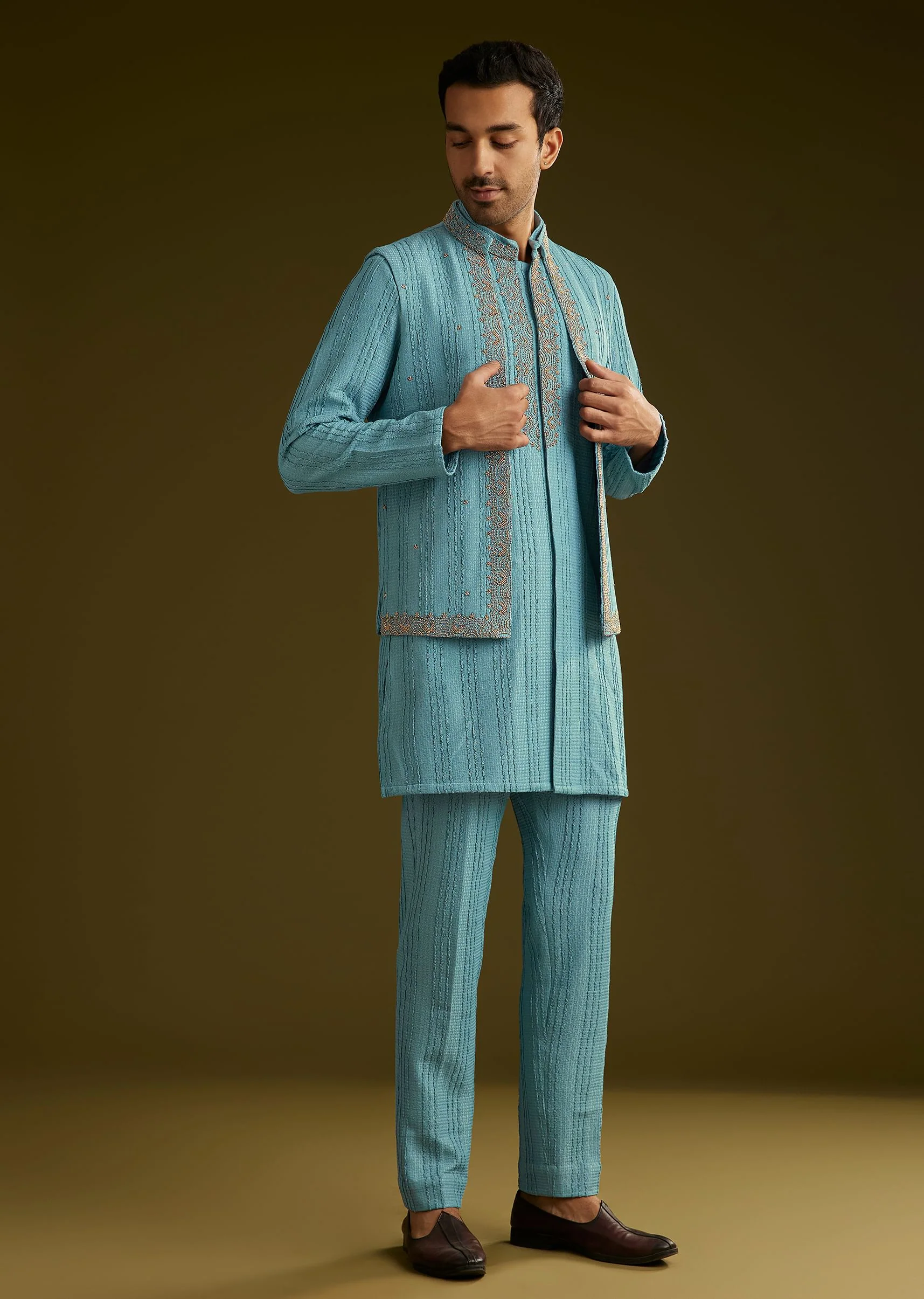 Blue Knit Kurta Jacket Set With Moti Work - Image 4