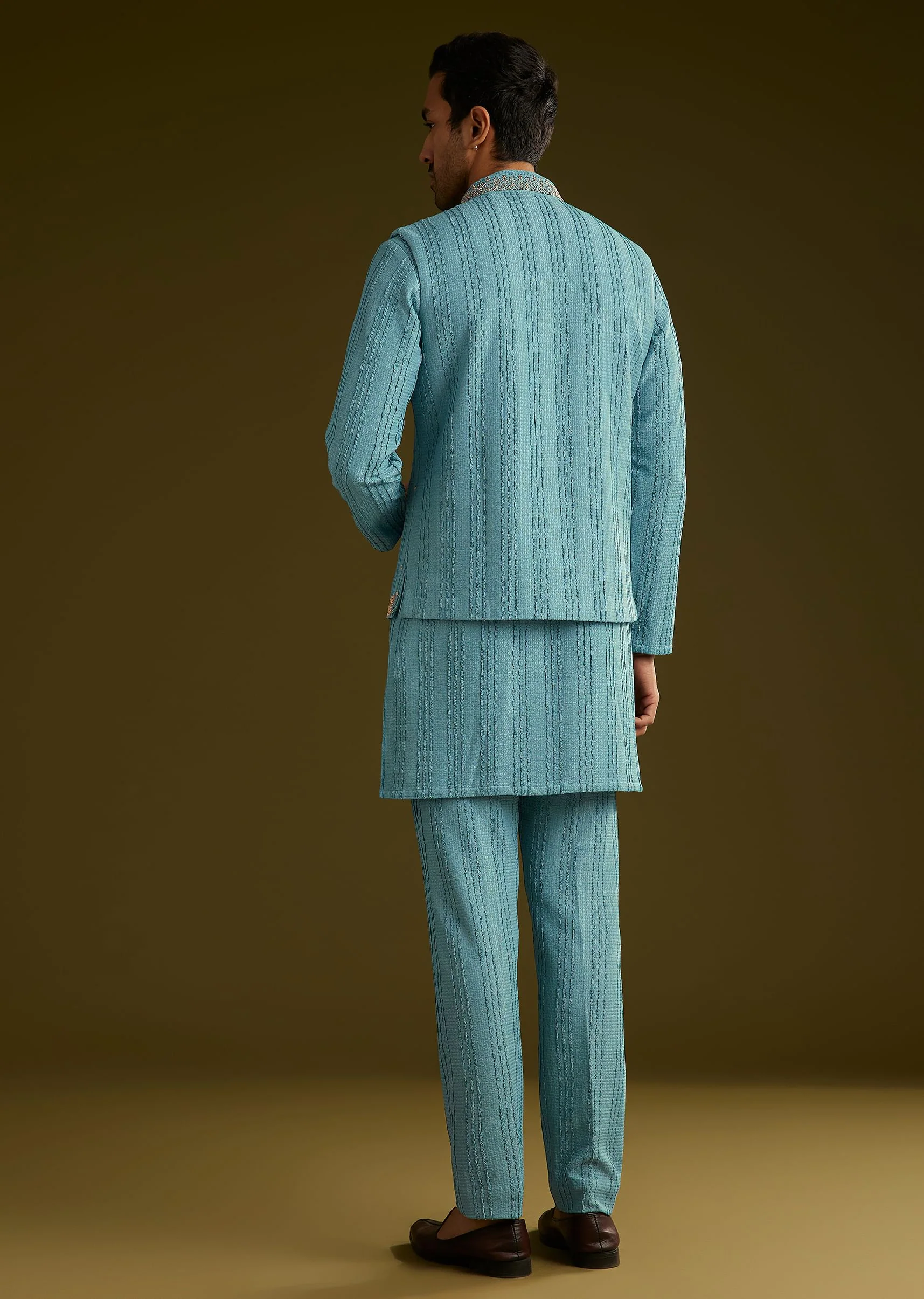 Blue Knit Kurta Jacket Set With Moti Work - Image 5