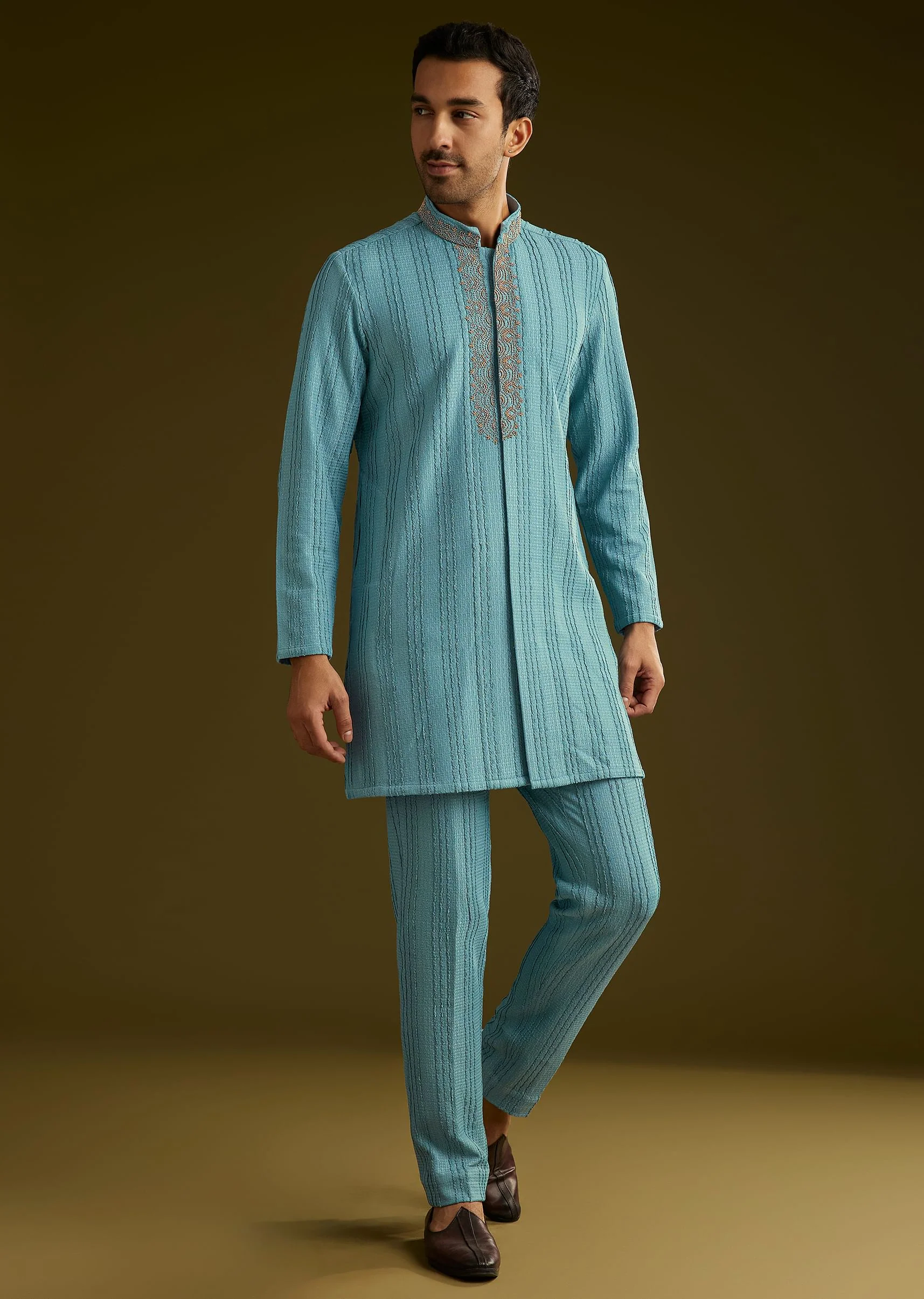 Blue Knit Kurta Jacket Set With Moti Work - Image 6