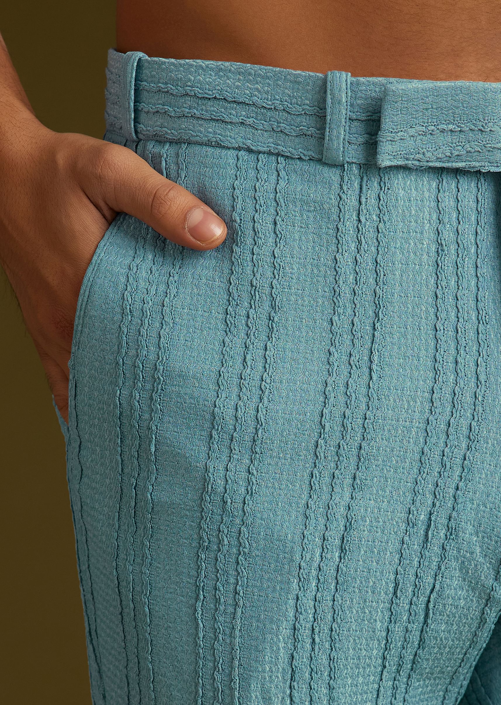 Blue Knit Kurta Jacket Set With Moti Work - Image 7