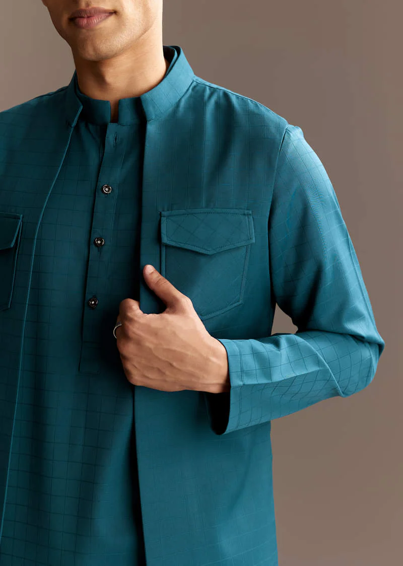 Blue Kurta Jacket Set With Palazzo Pants - Image 4