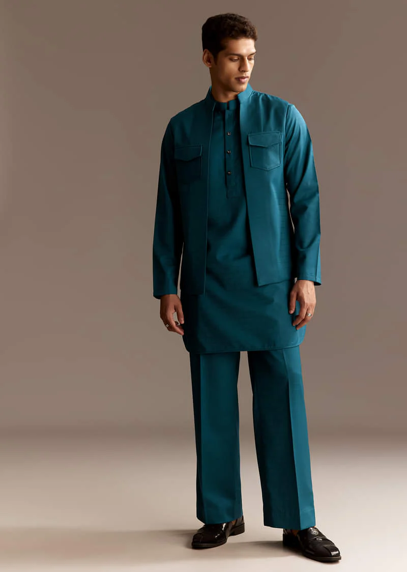 Blue Kurta Jacket Set With Palazzo Pants - Image 5