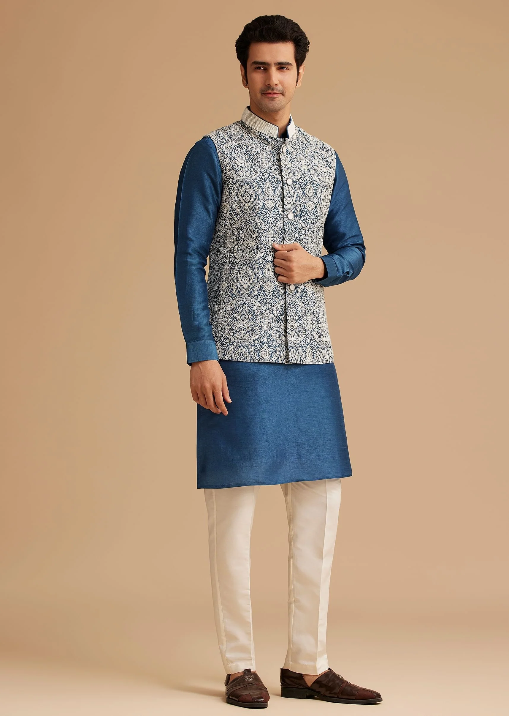 Blue Kurta Jacket Set With Resham Embroidery And Handworked Collar - Image 2