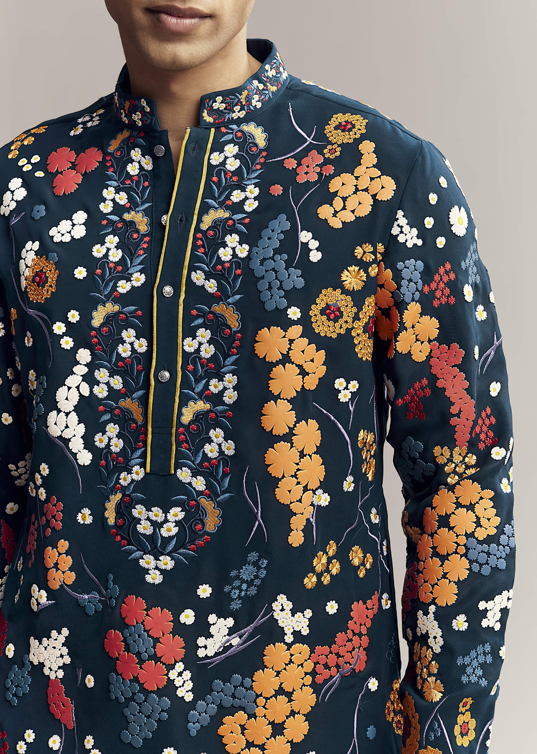 Blue Kurta Set For Men With Patchwork - Image 2