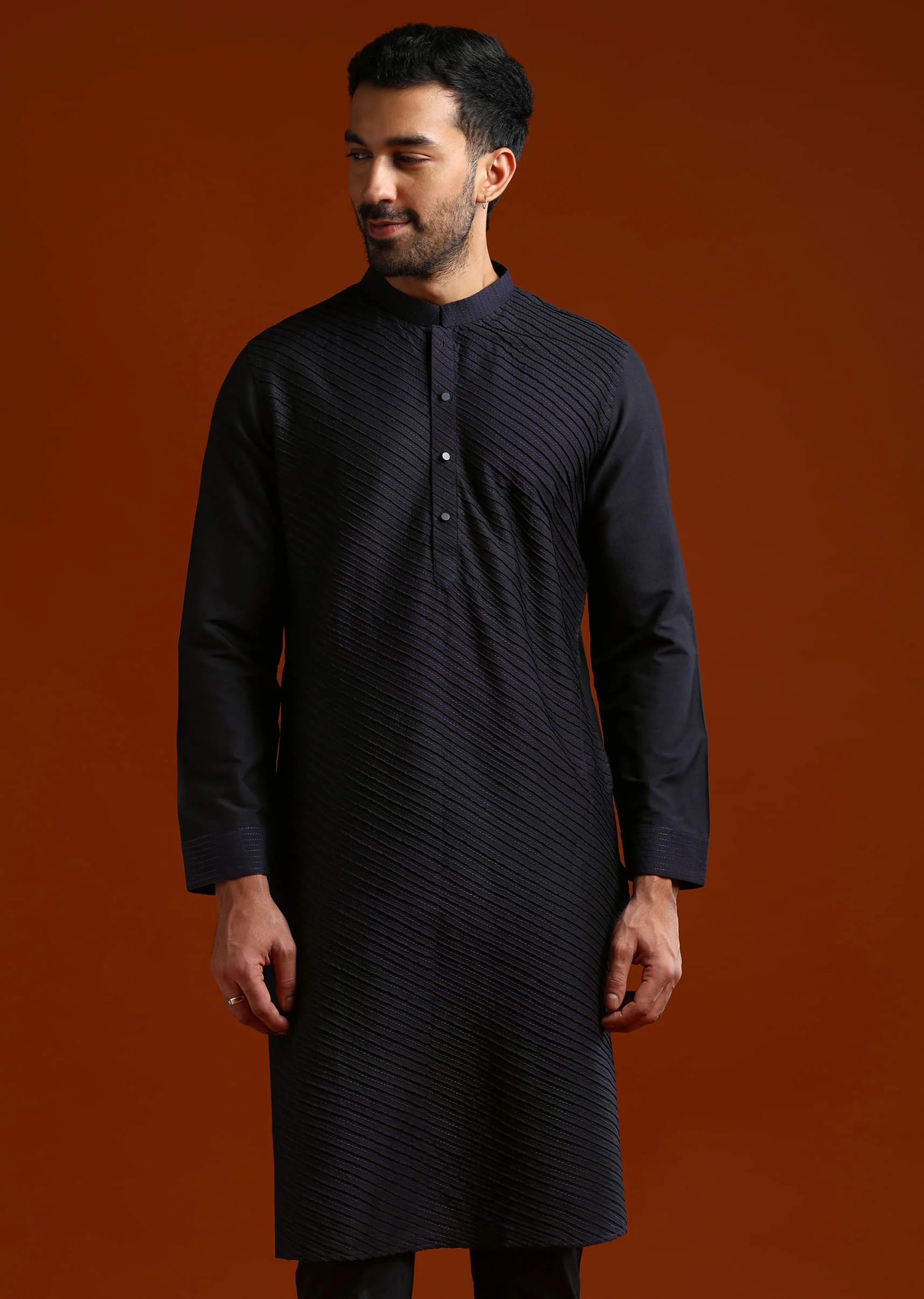 Blue Kurta Set For Men With Pintucks - Image 3