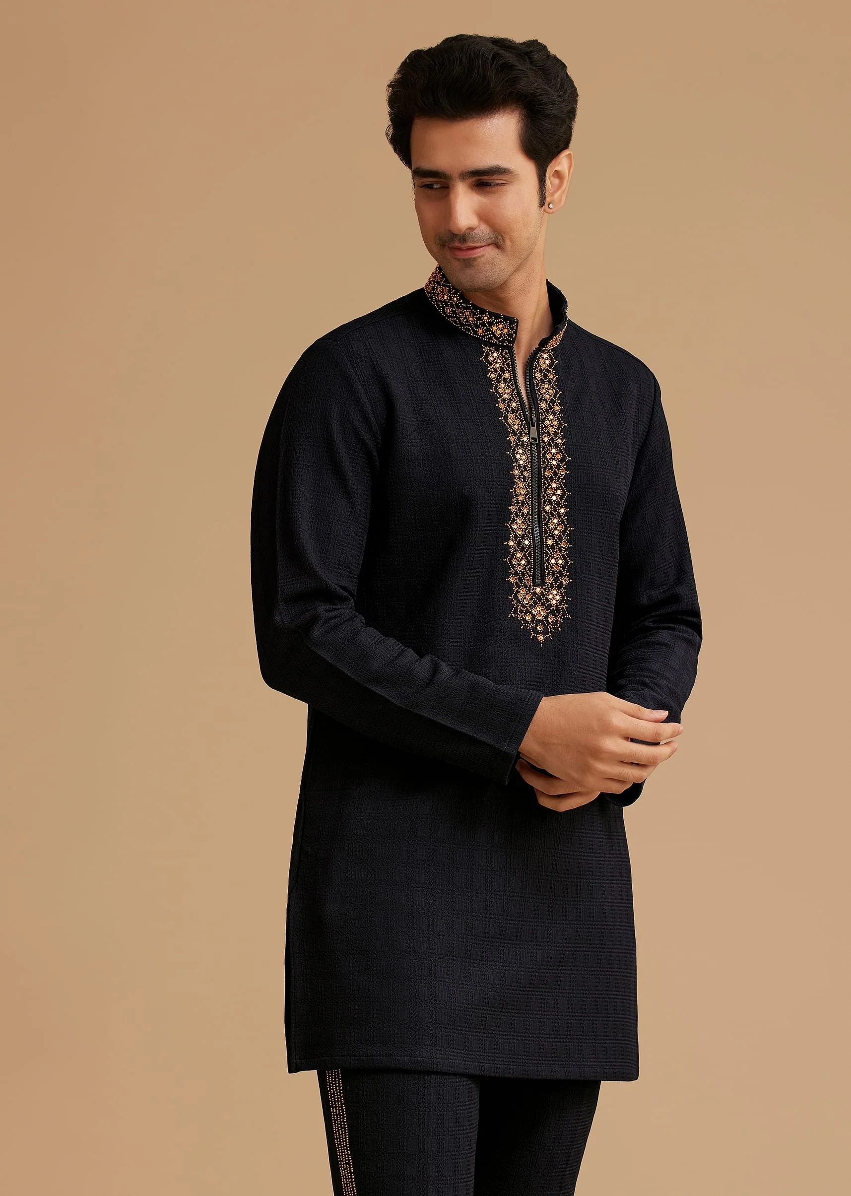 Blue Kurta Set With Moti And Mirror Embroidery - Image 4