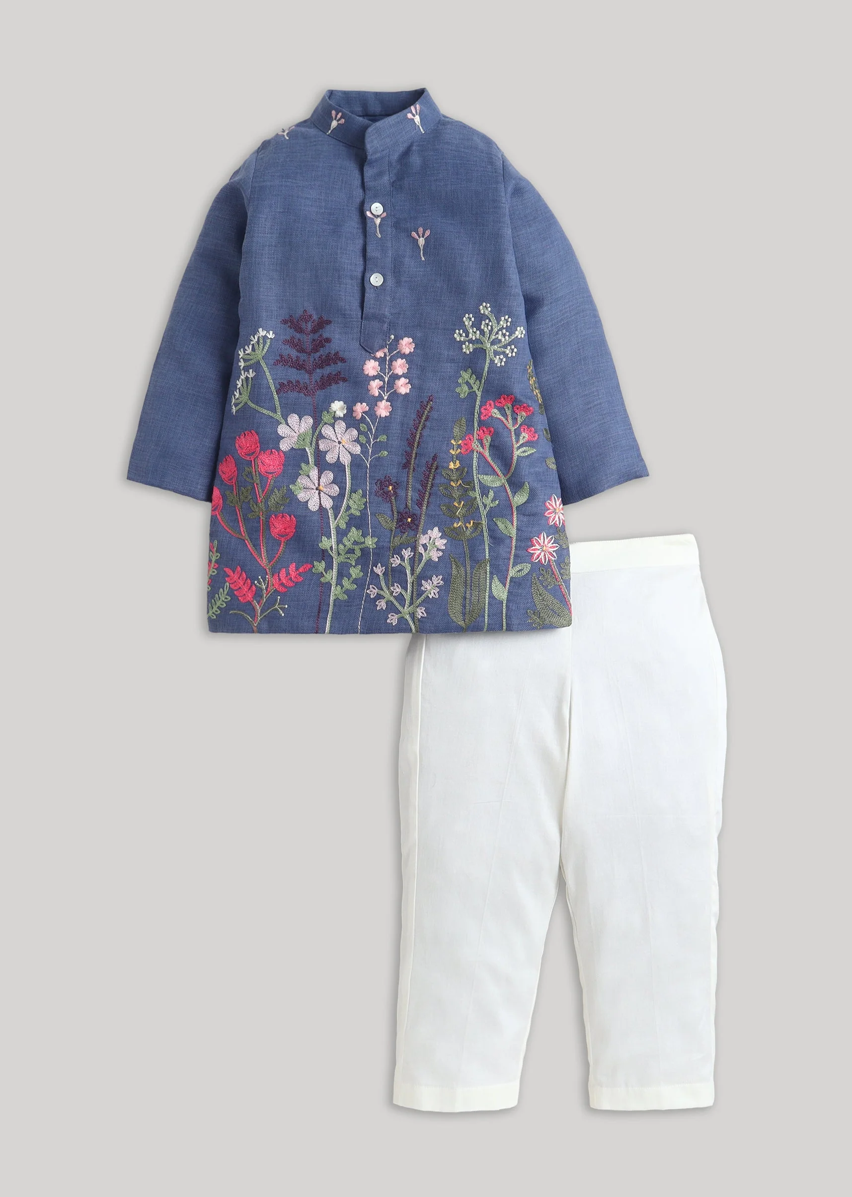 Blue Kurta Set With Multicolour Detailing And Embroidery