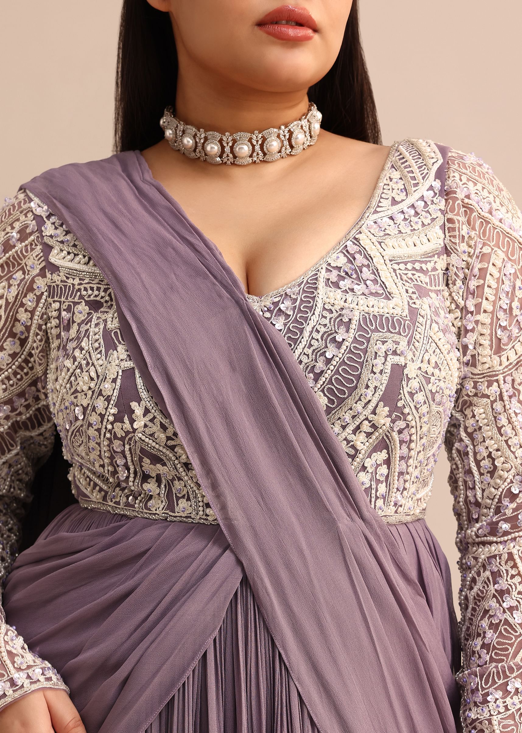 Blue Lilac Pre Drape Suit With Pearl Work - Image 2