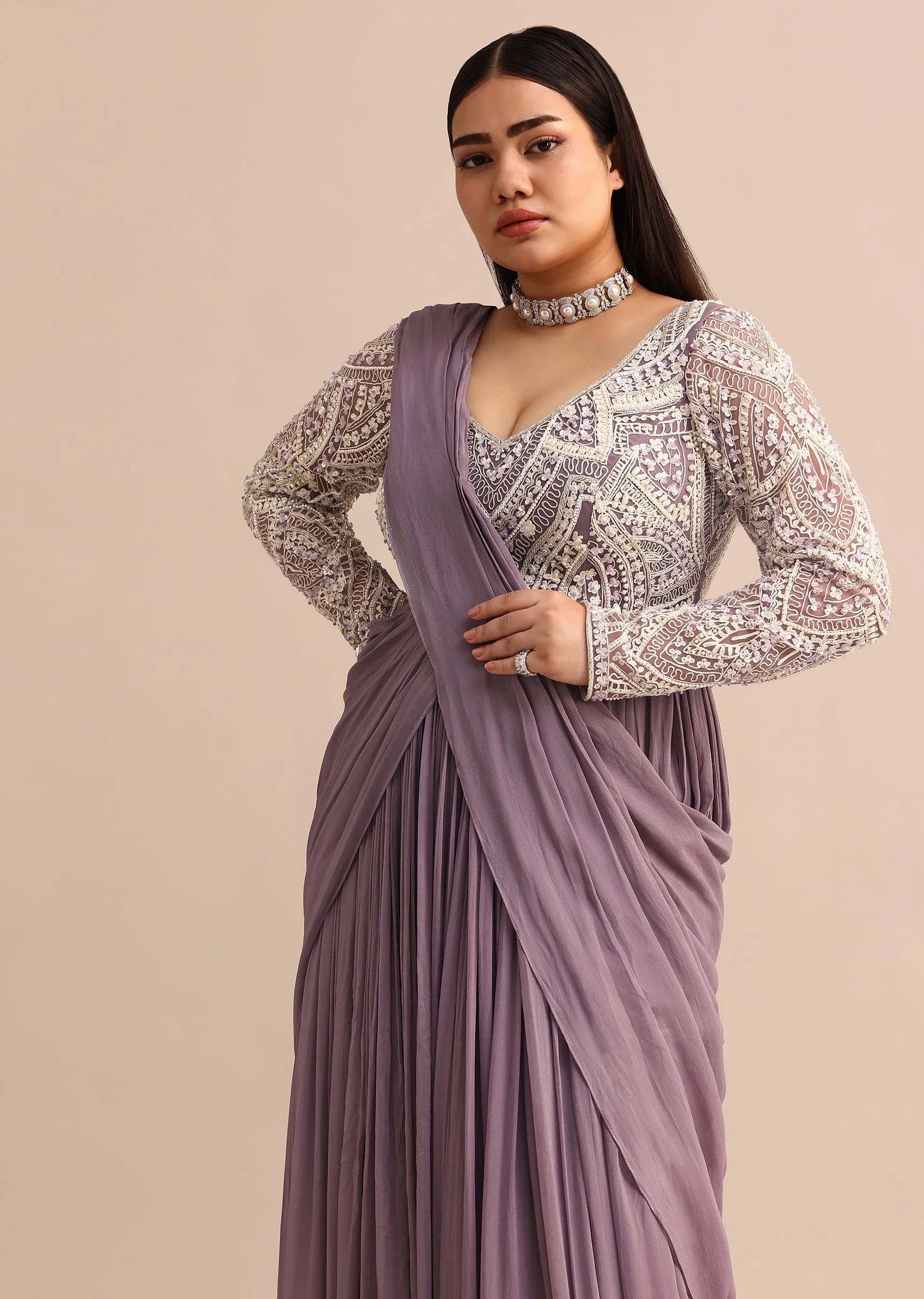 Blue Lilac Pre Drape Suit With Pearl Work - Image 4