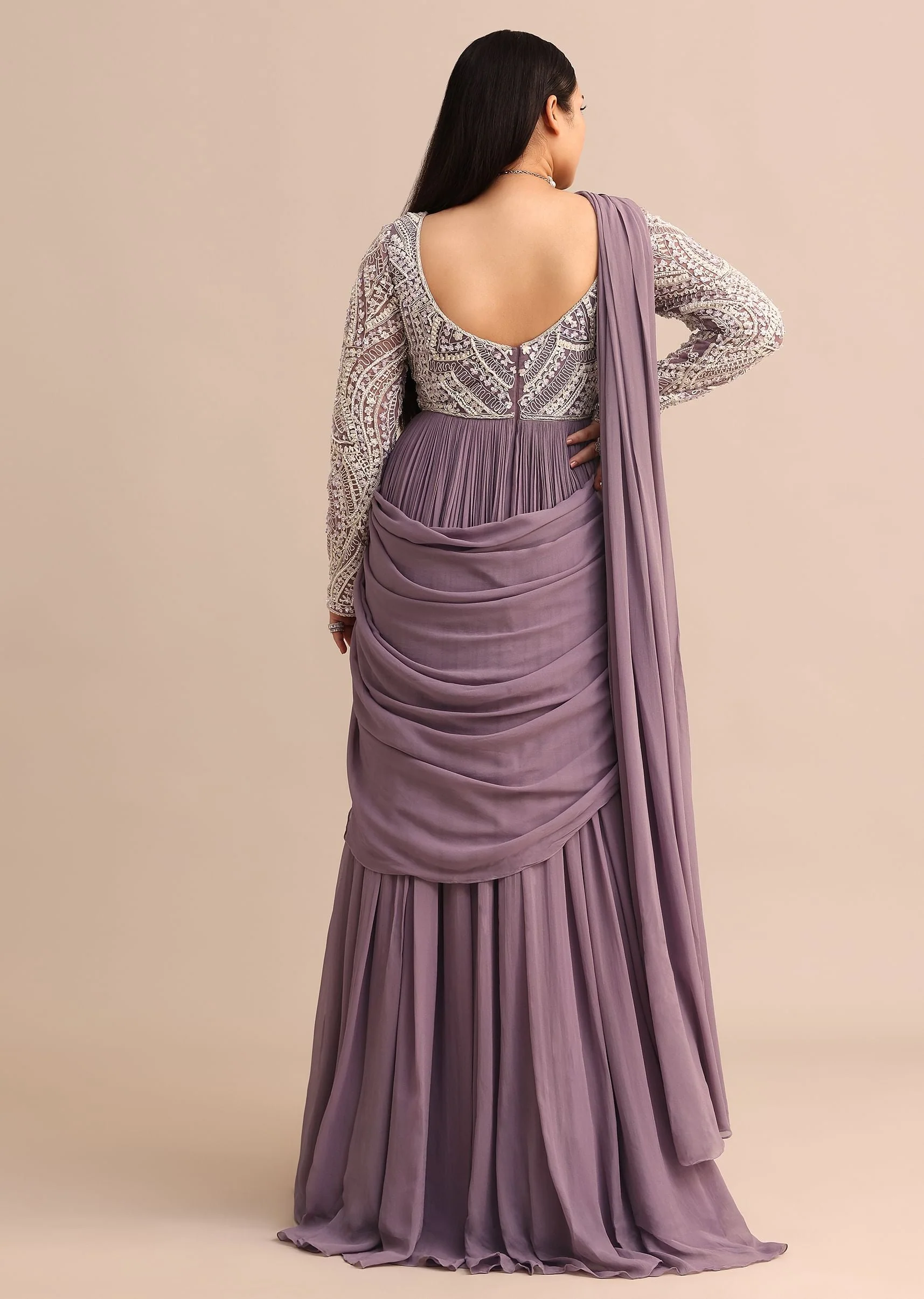 Blue Lilac Pre Drape Suit With Pearl Work - Image 5