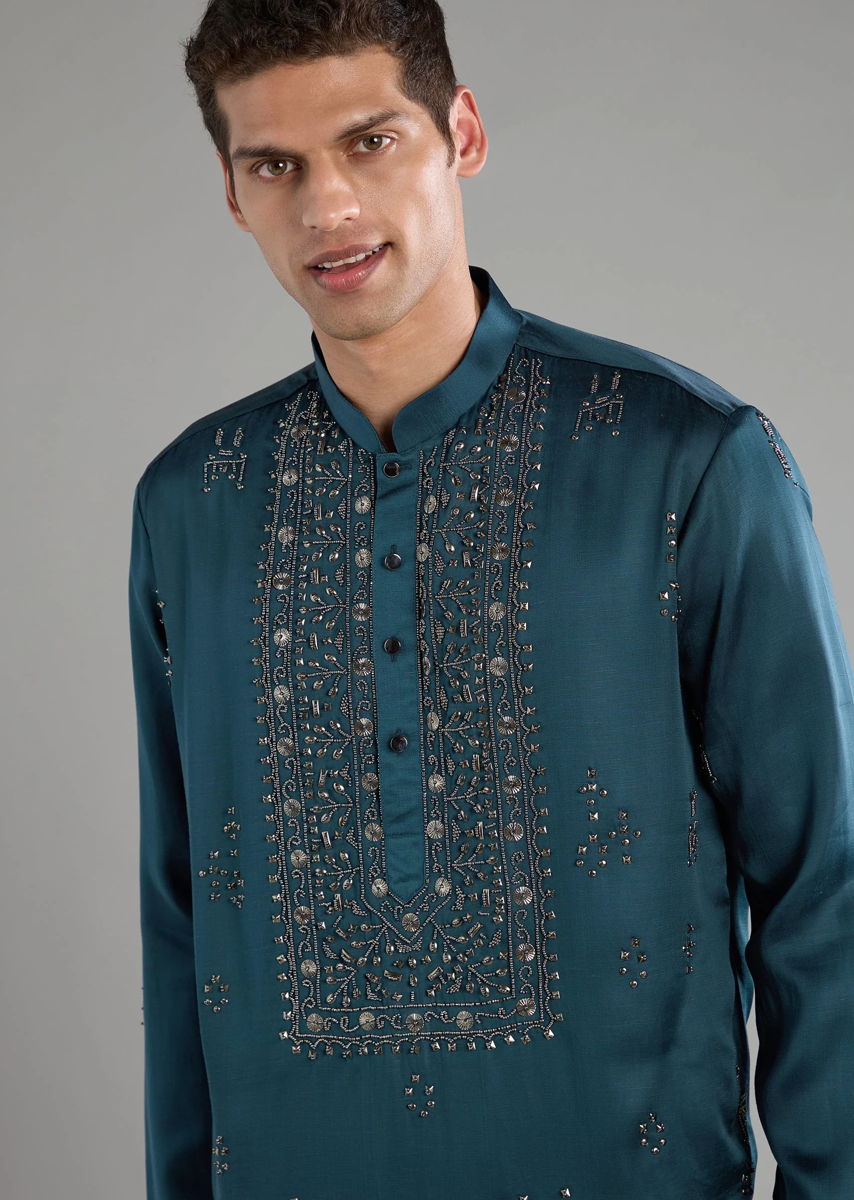 Blue Linen Blend Silk Embroidered Mens Kurta Set - Image 4
