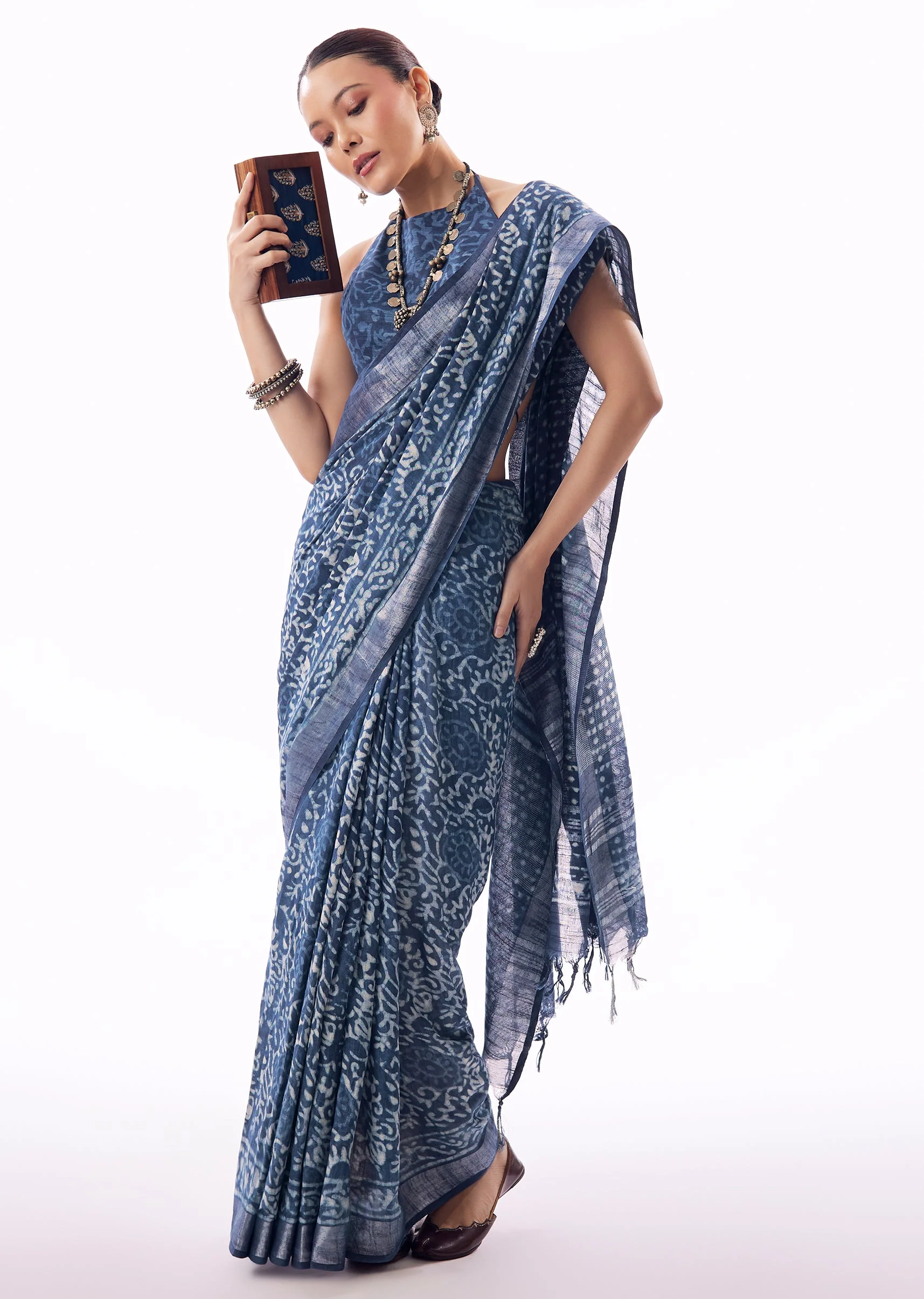 Blue Linen Handblock Printed Saree With Chanderi Border - Image 3