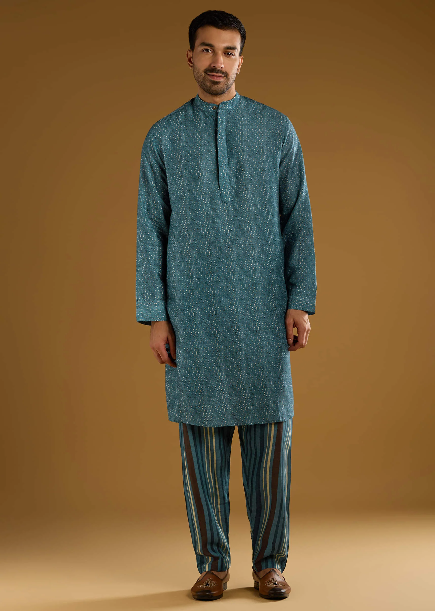 Blue Linen Kurta Jacket Set For Men With Hand Block Ajrakh Print - Image 6