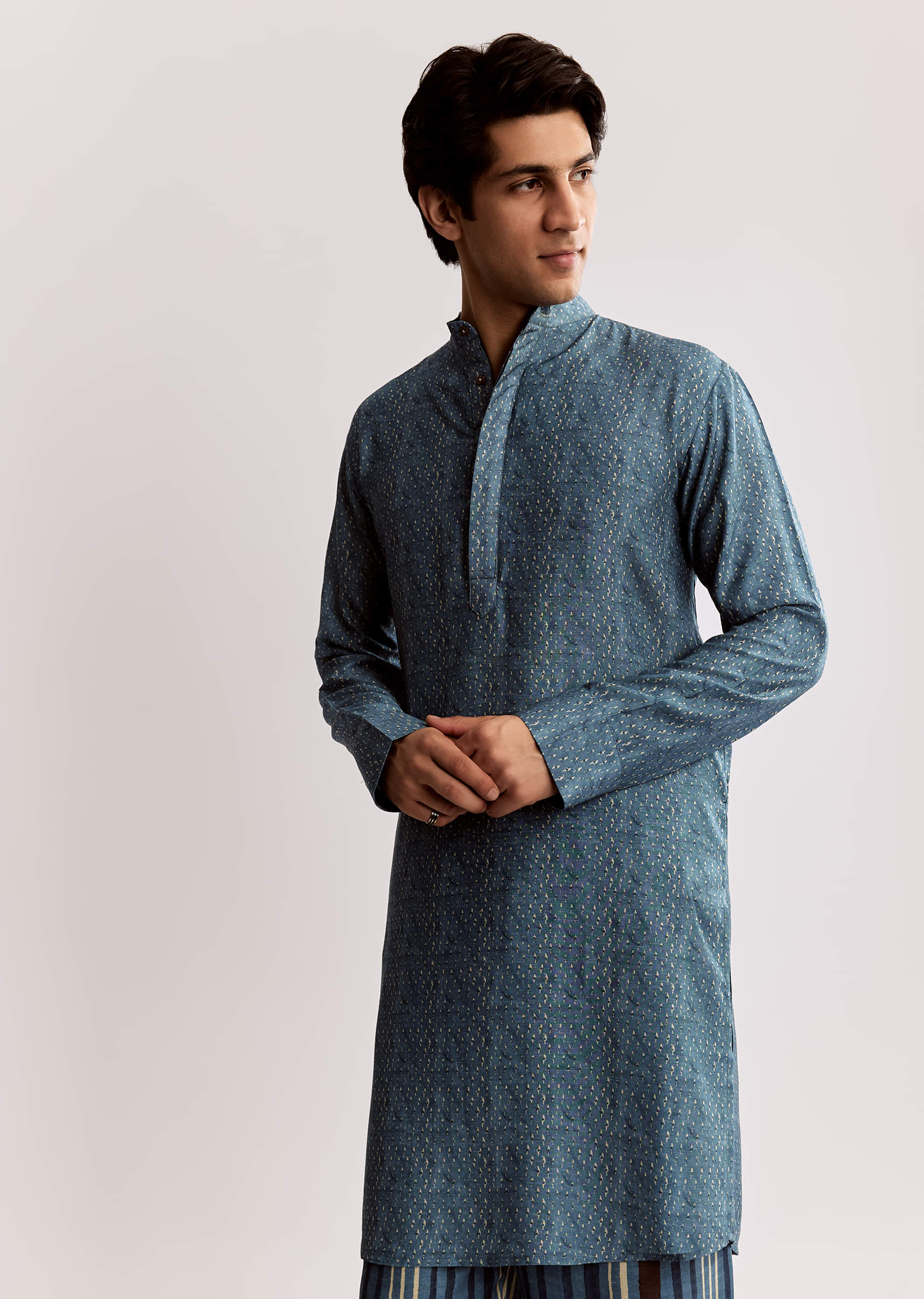 Blue Linen Kurta Jacket Set With Ajrakh Print - Image 6