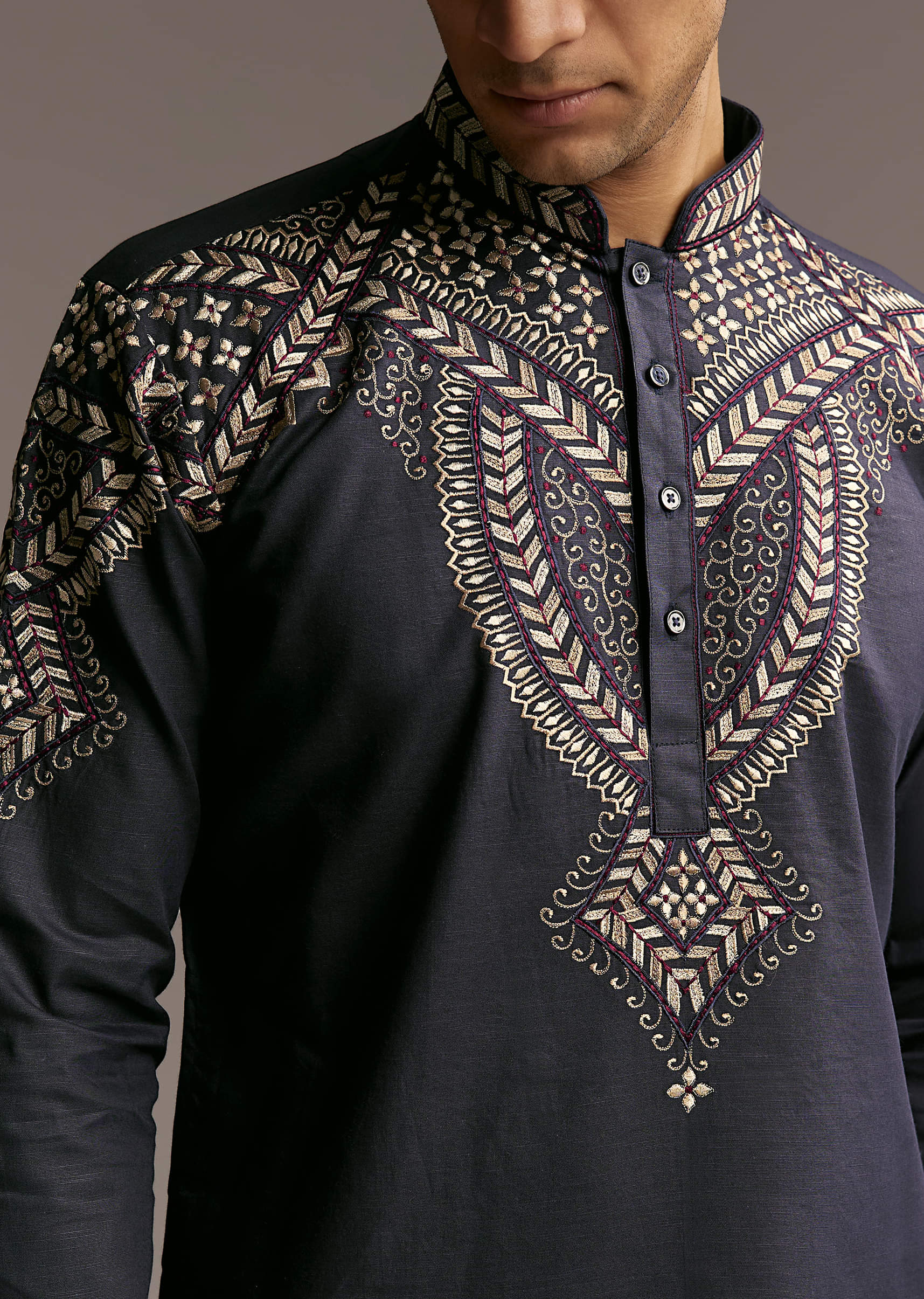 Blue Linen Kurta Set For Men With Resham Embroidery - Image 2