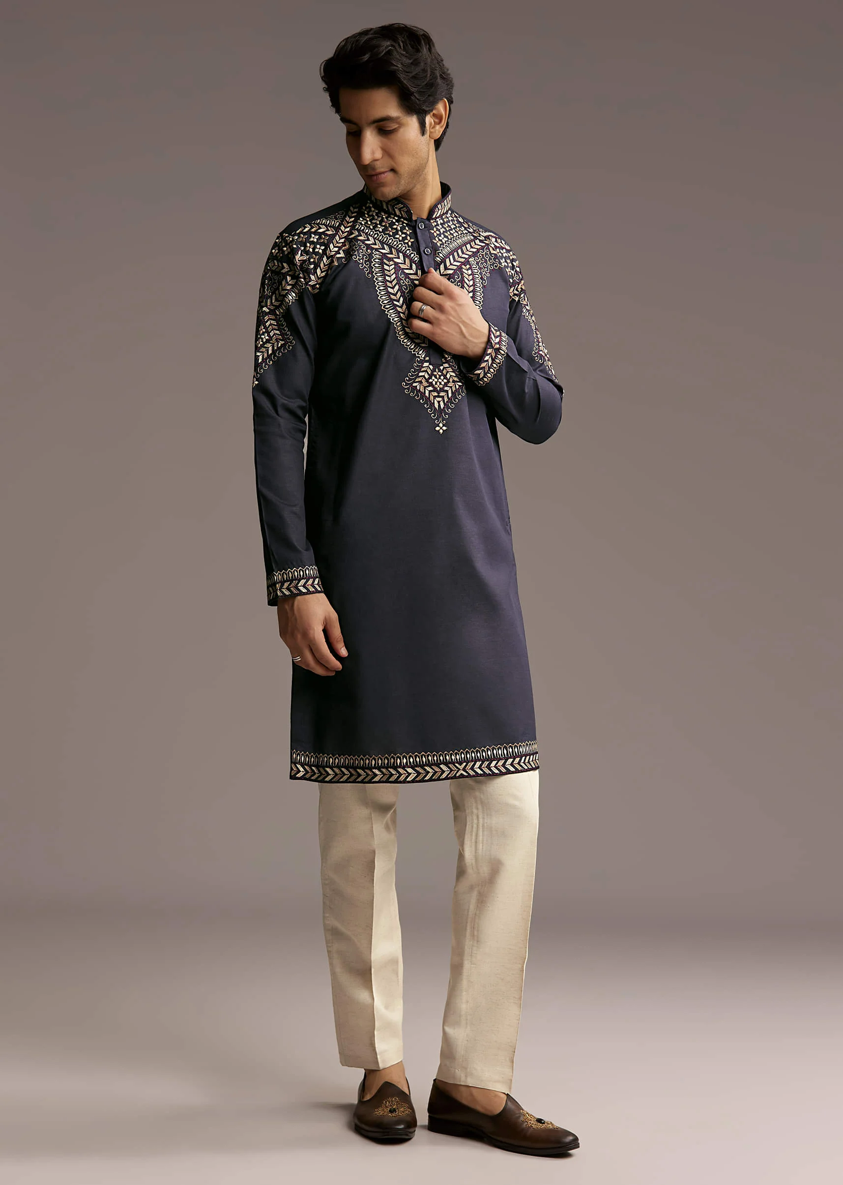 Blue Linen Kurta Set For Men With Resham Embroidery - Image 7