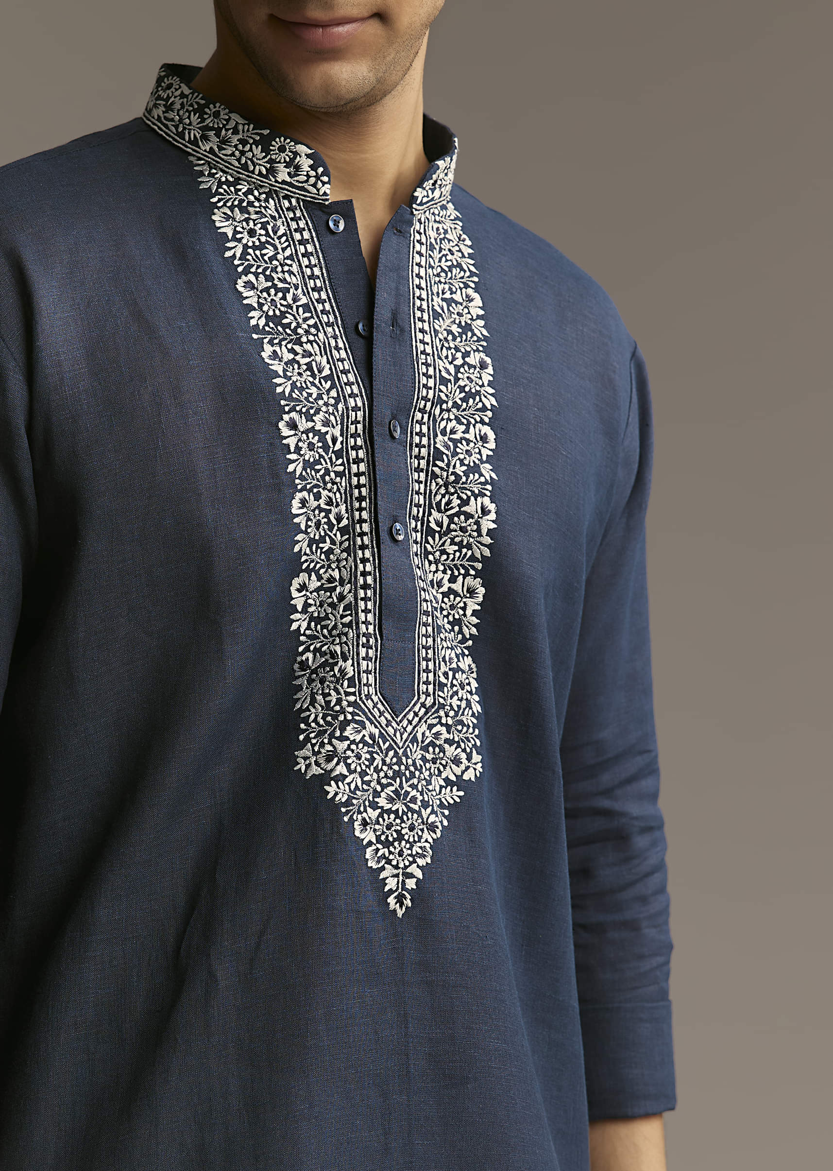 Blue Linen Kurta Set For Men With Thread And Resham Embroidery - Image 2