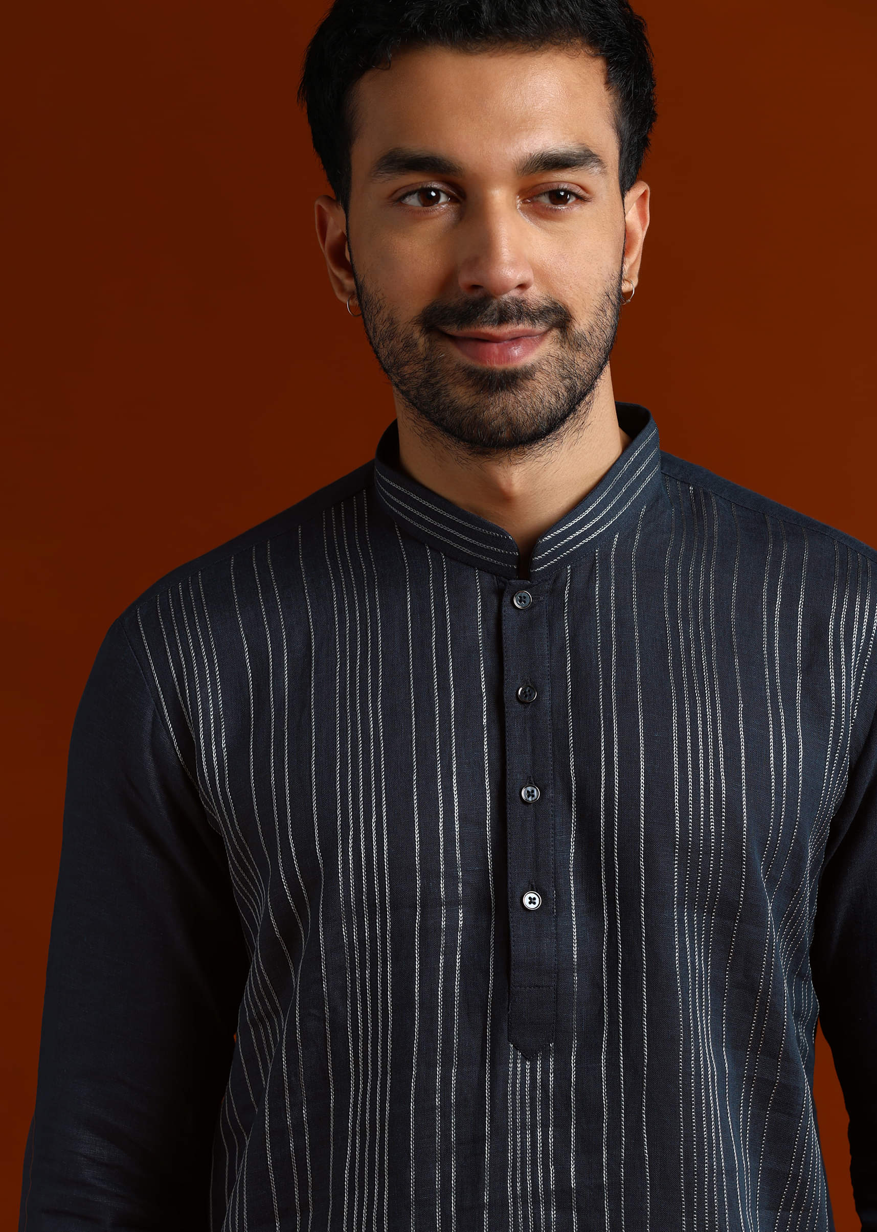 Blue Linen Kurta Set For Men With Thread Work - Image 2