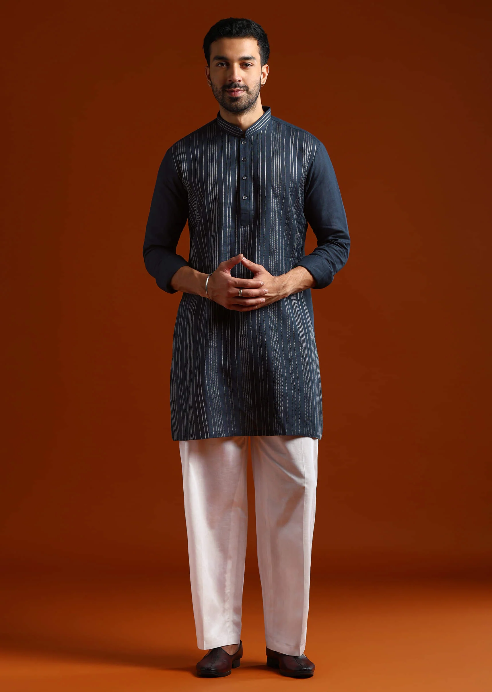 Blue Linen Kurta Set For Men With Thread Work - Image 3