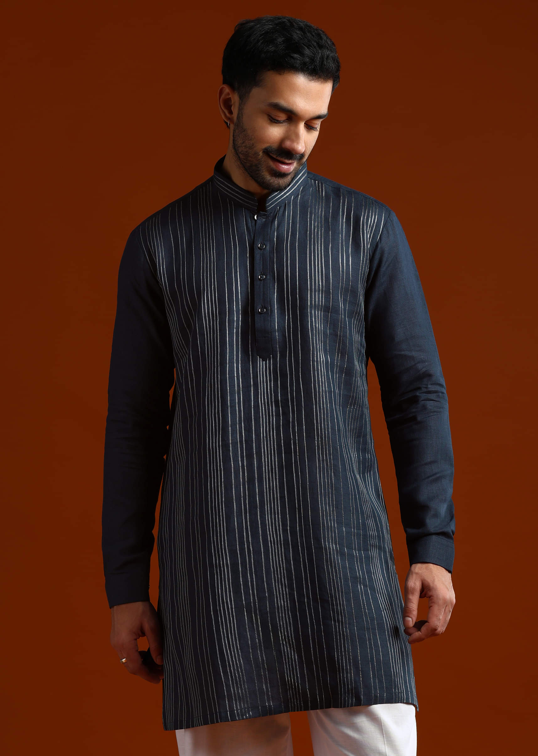 Blue Linen Kurta Set For Men With Thread Work - Image 4
