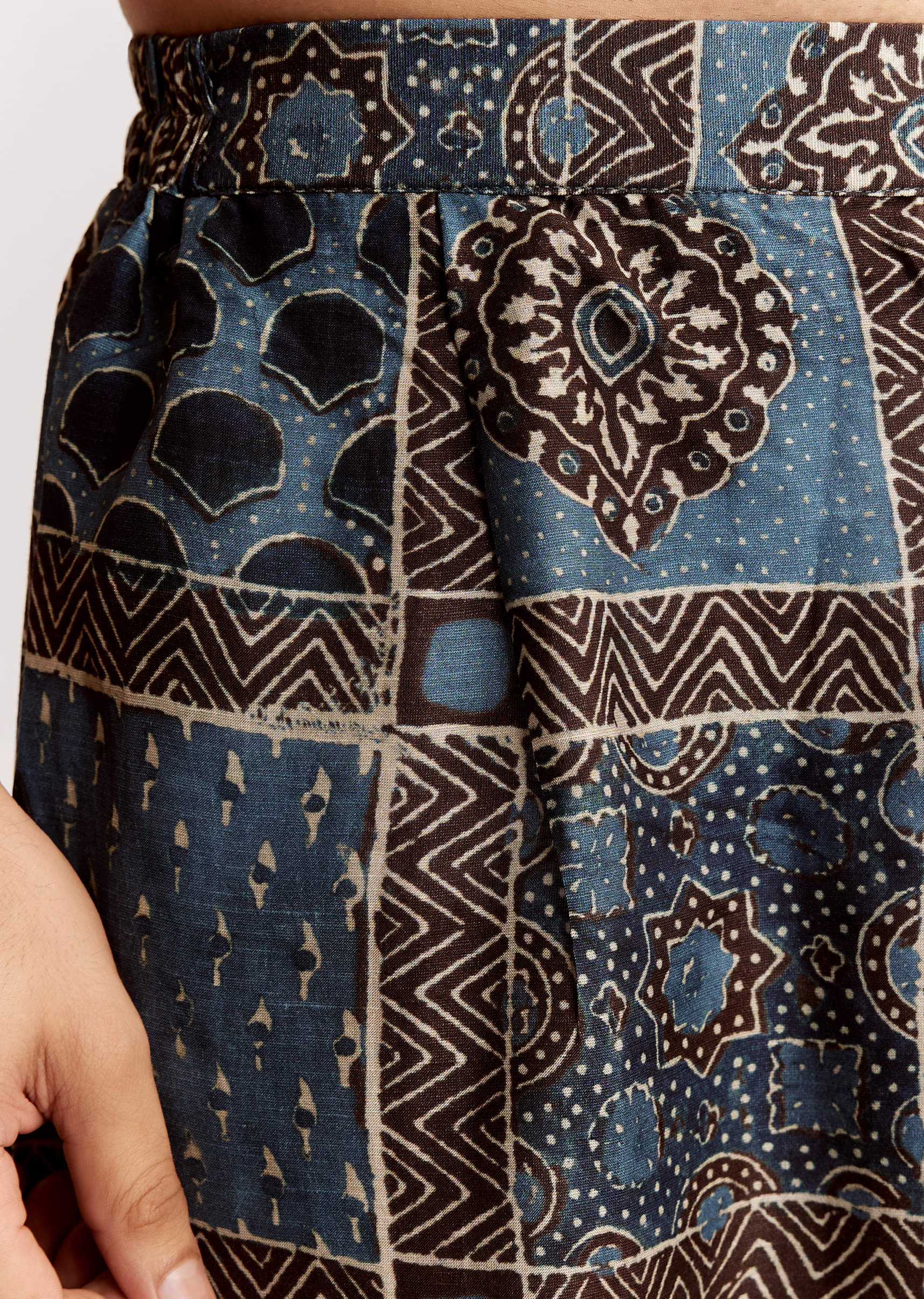 Blue Linen Kurta Set With Ajrakh Print - Image 6