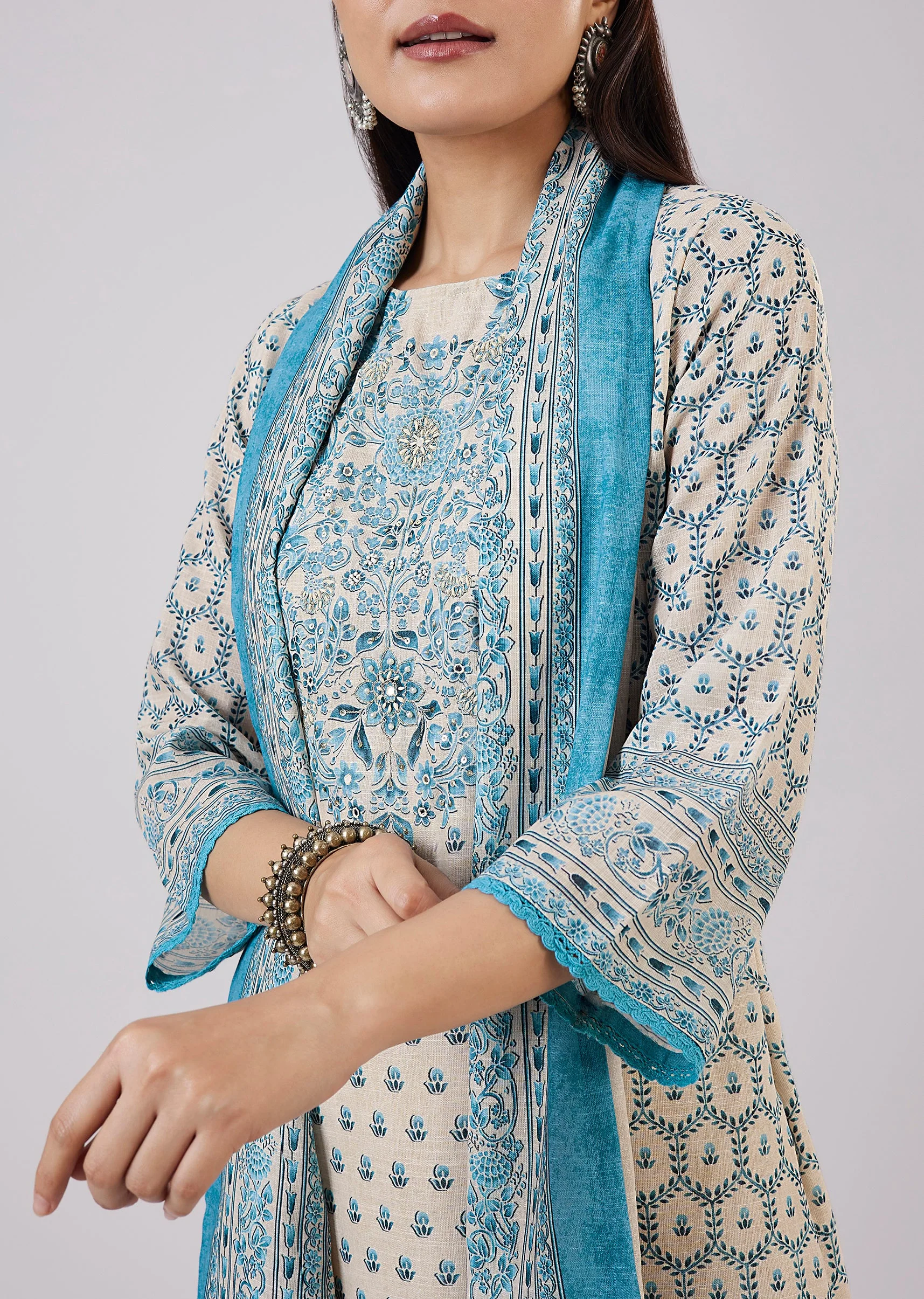 Blue Linen Kurta Set With Sequins And Thread Work - Image 2